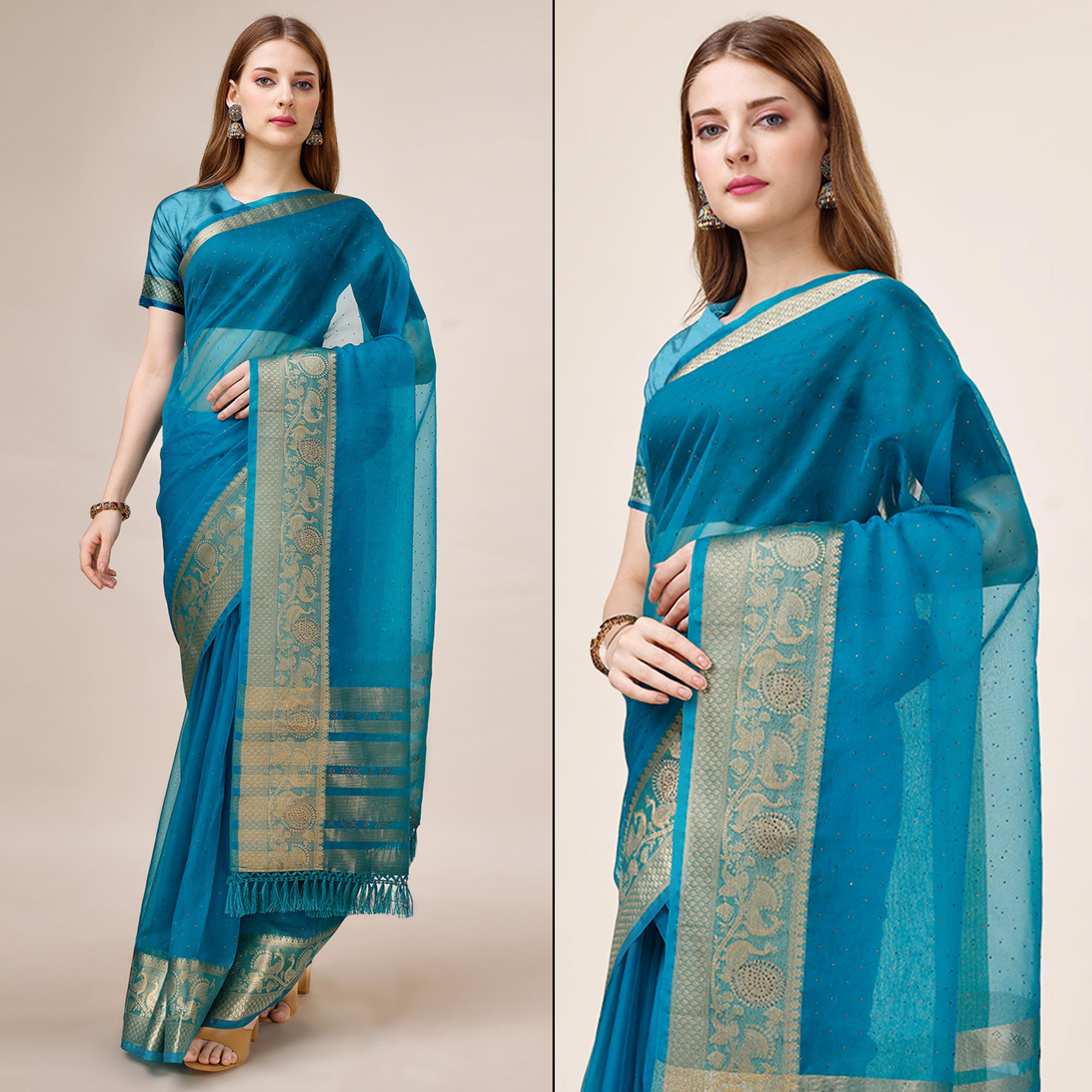 Blue Swarovski Work Organza Saree With Tassels