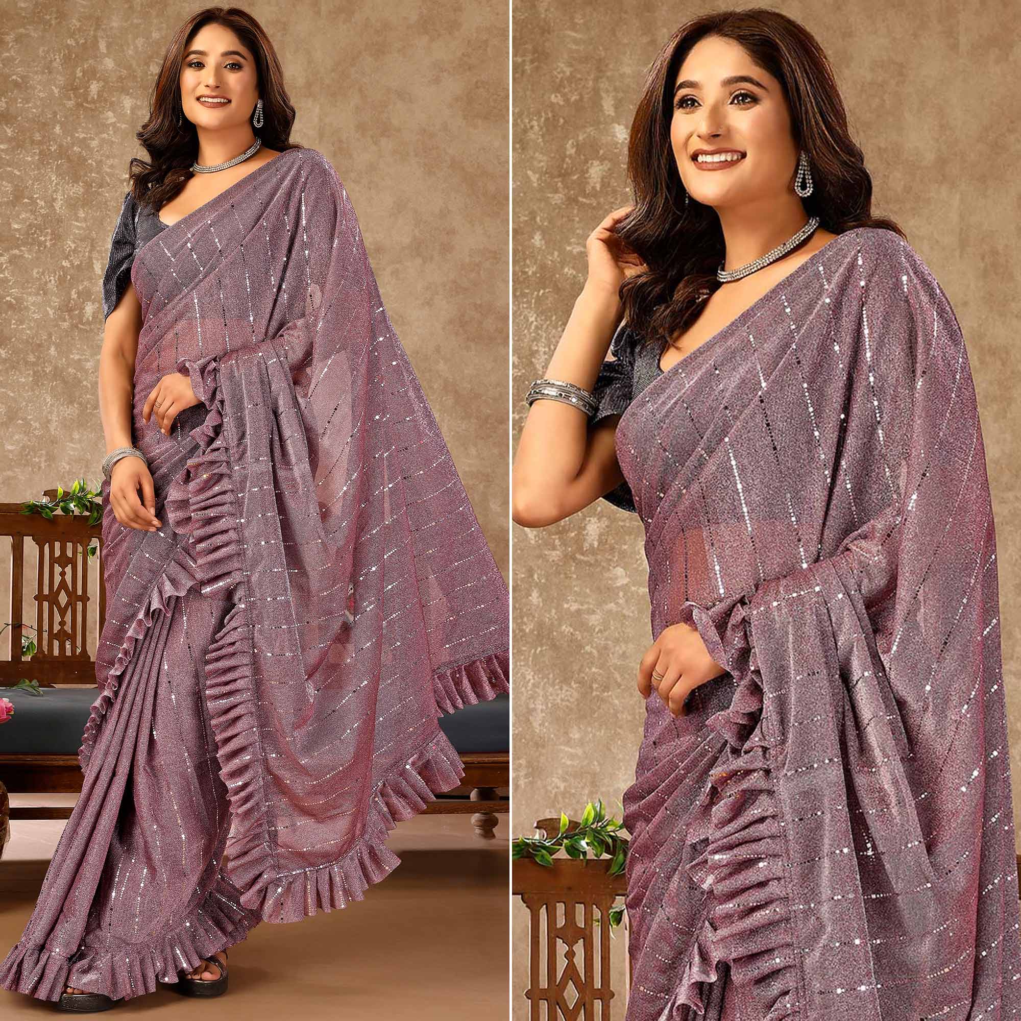 Purple Tikki Work Lycra Ready To Wear Ruffle Saree