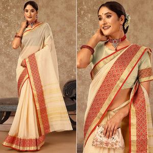 Beige Zari Woven Cotton Silk Saree