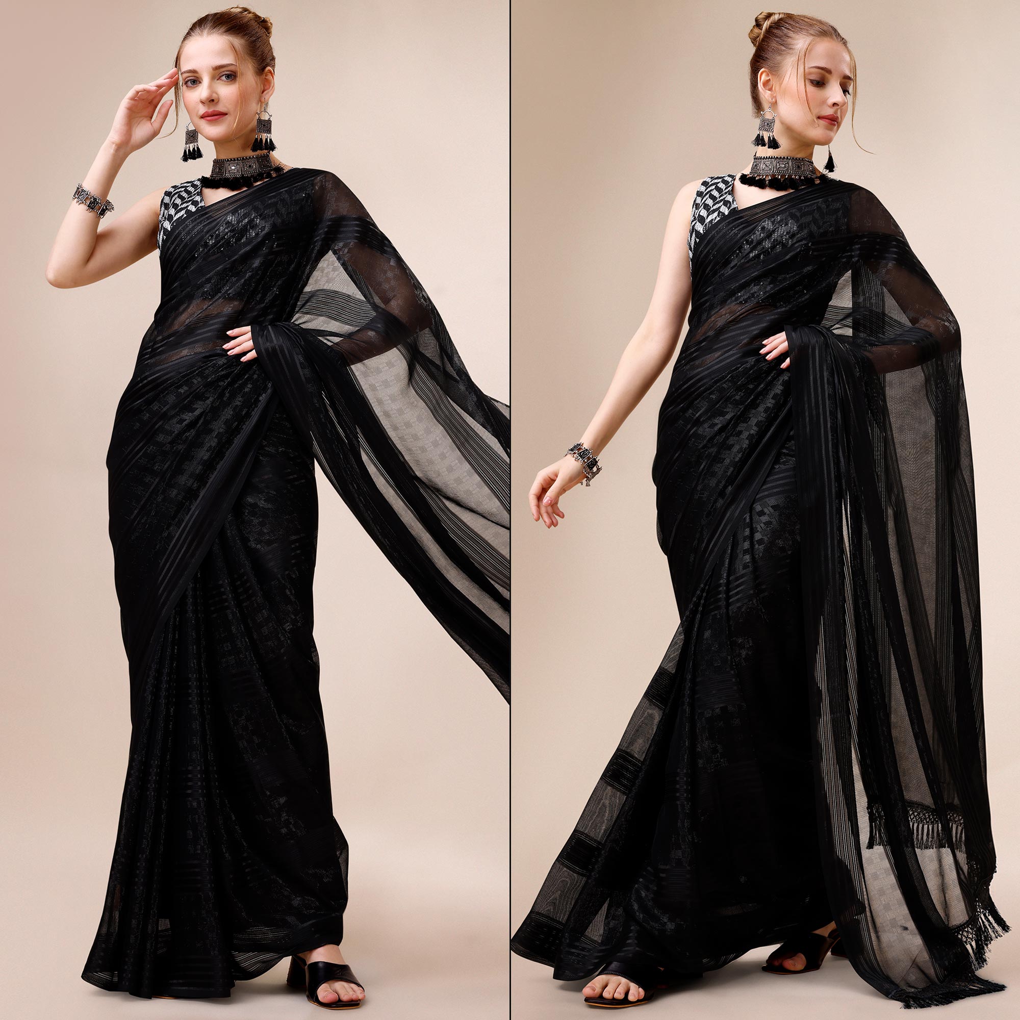 Black Striped Woven Chiffon Saree