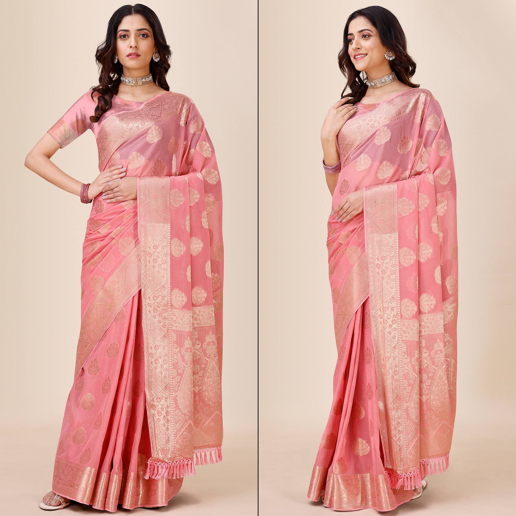 Light Pink Woven Chiffon Saree