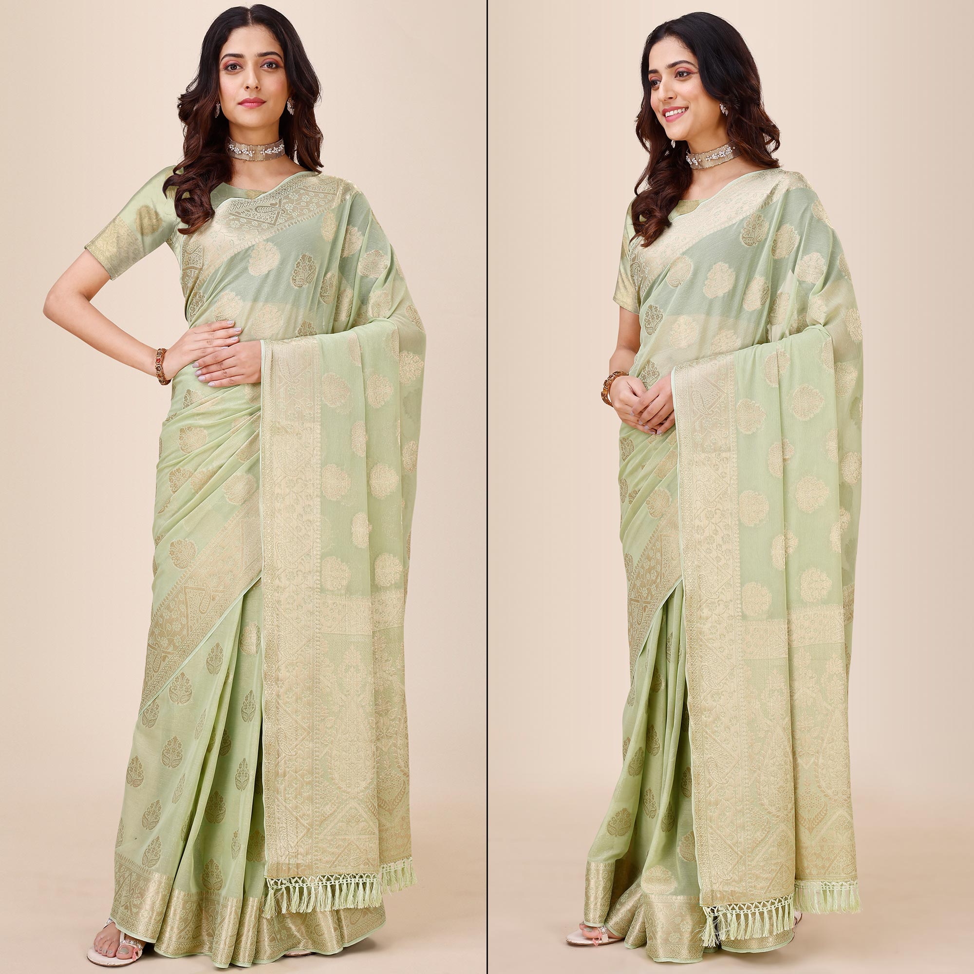 Light Green Woven Chiffon Saree