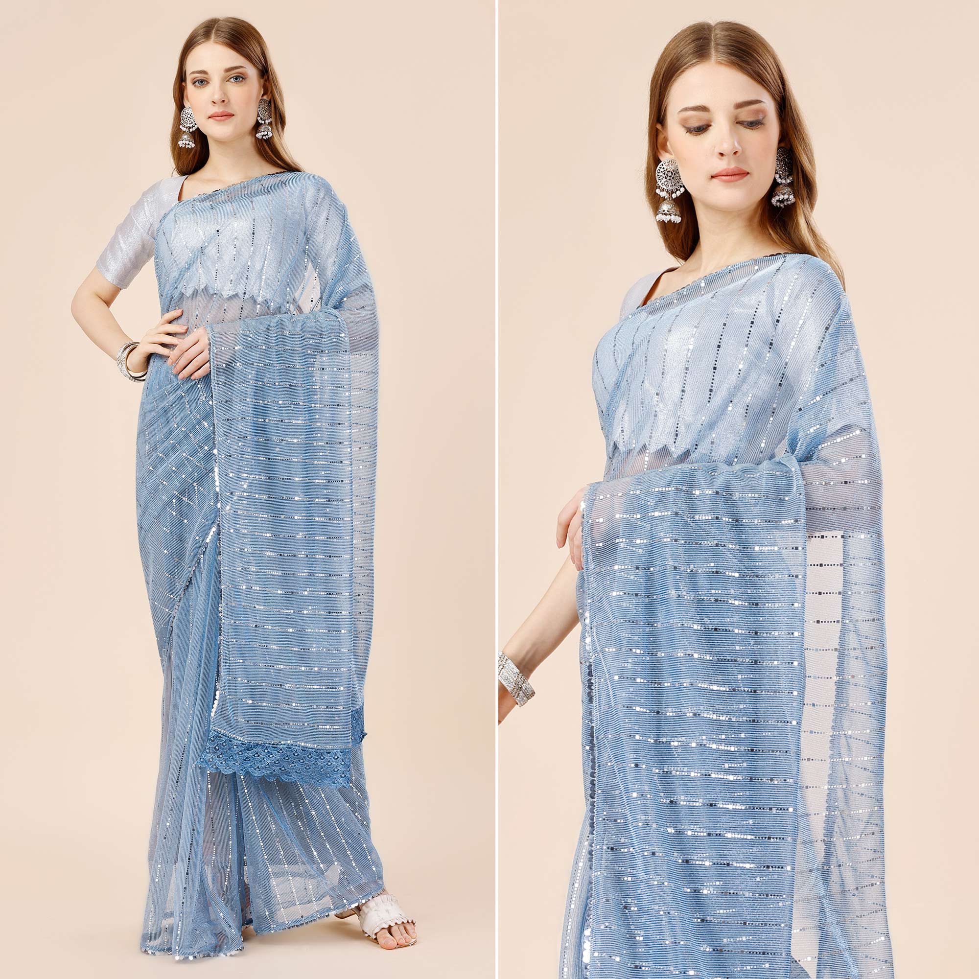 Blue Tikki Work Lycra Saree With Embroidered Border