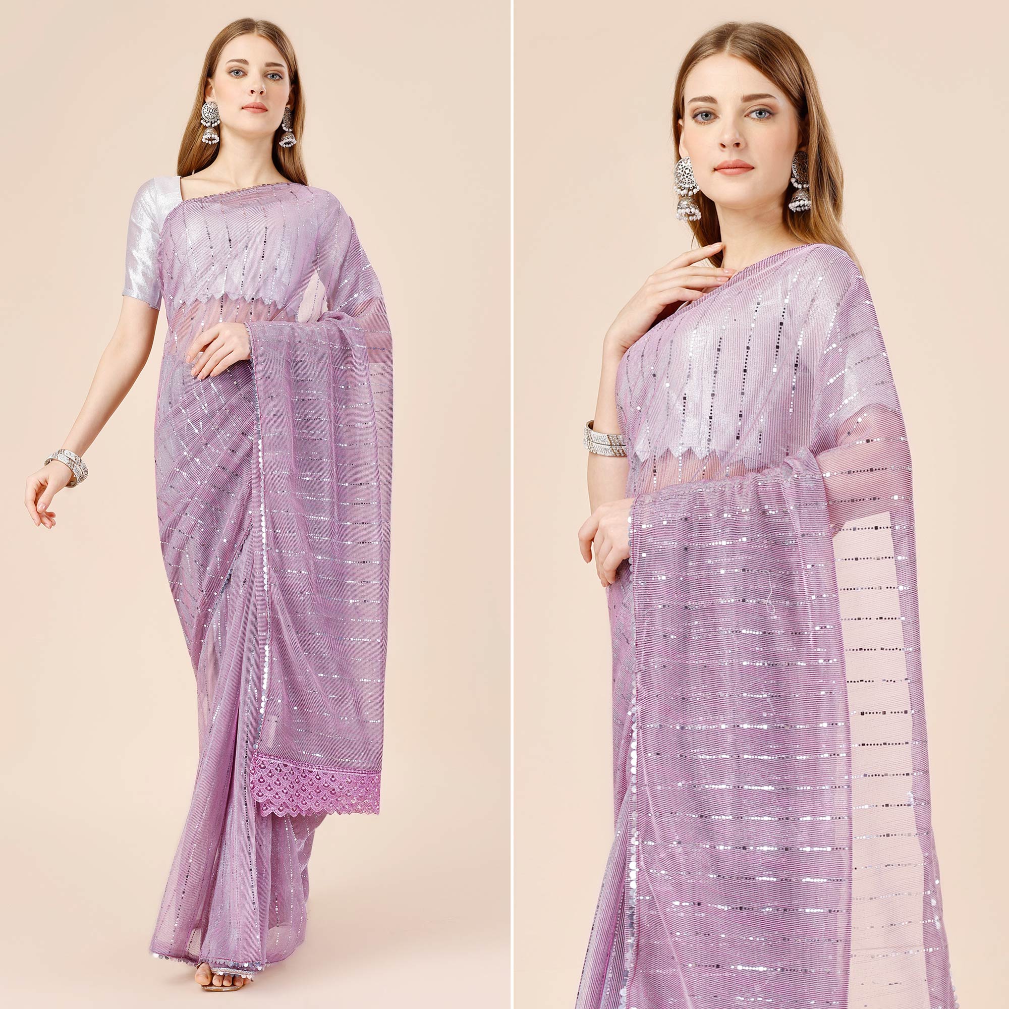 Lavender Tikki Work Lycra Saree With Embroidered Border