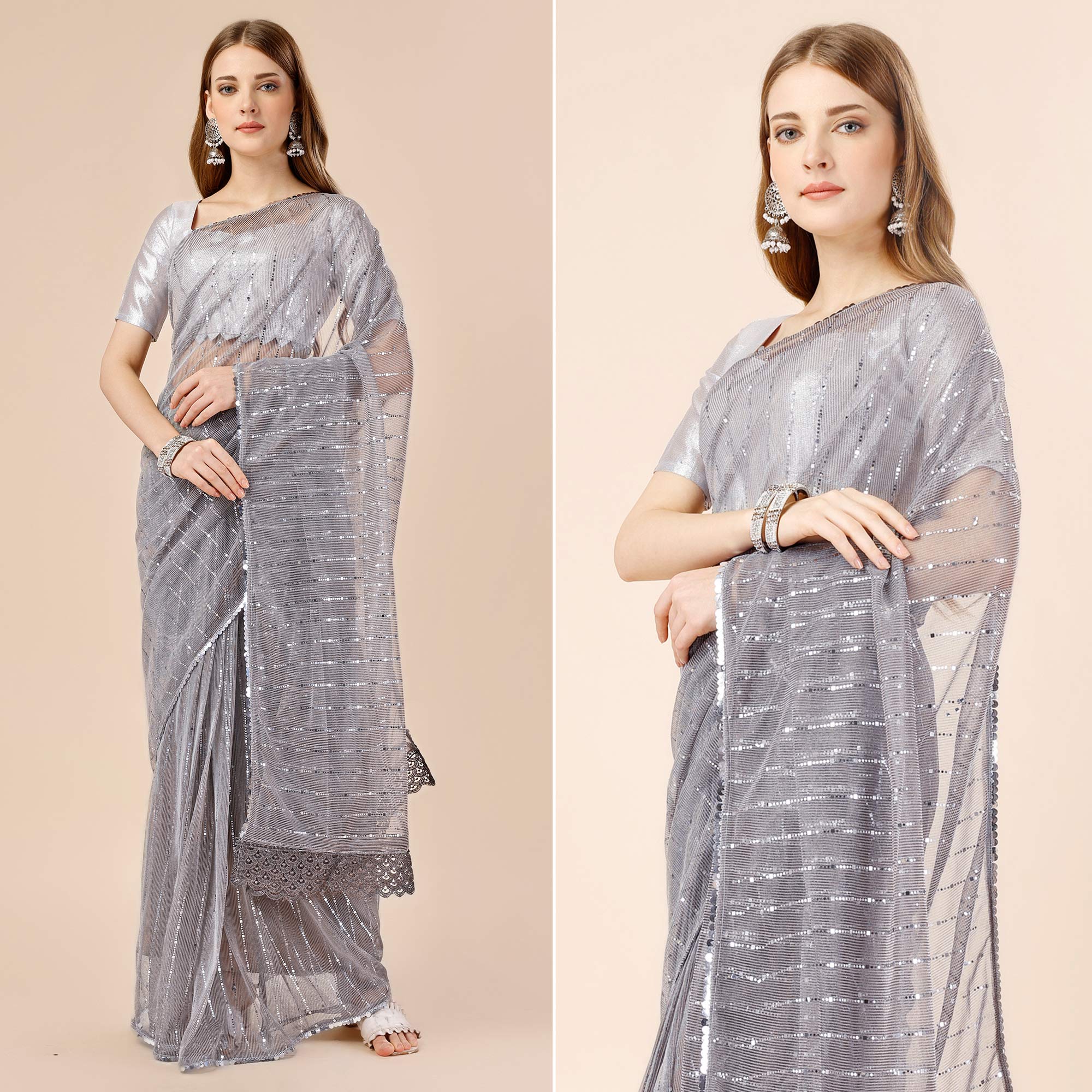 Grey Tikki Work Lycra Saree With Embroidered Border