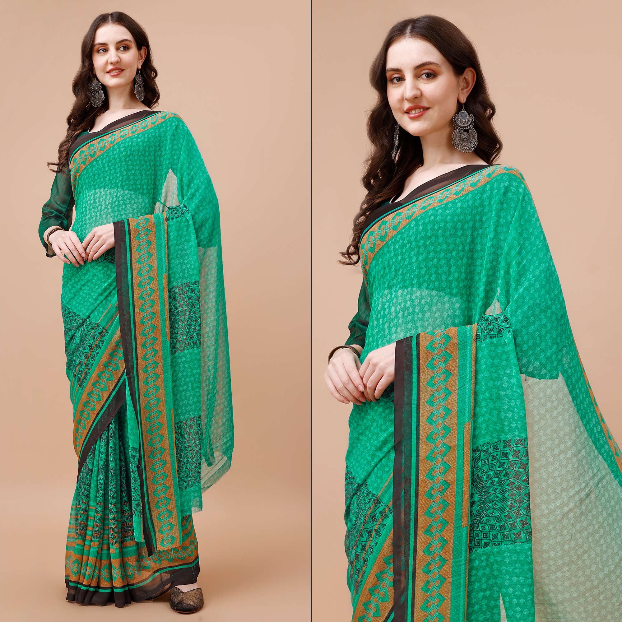 Green Floral Printed Georgette Saree