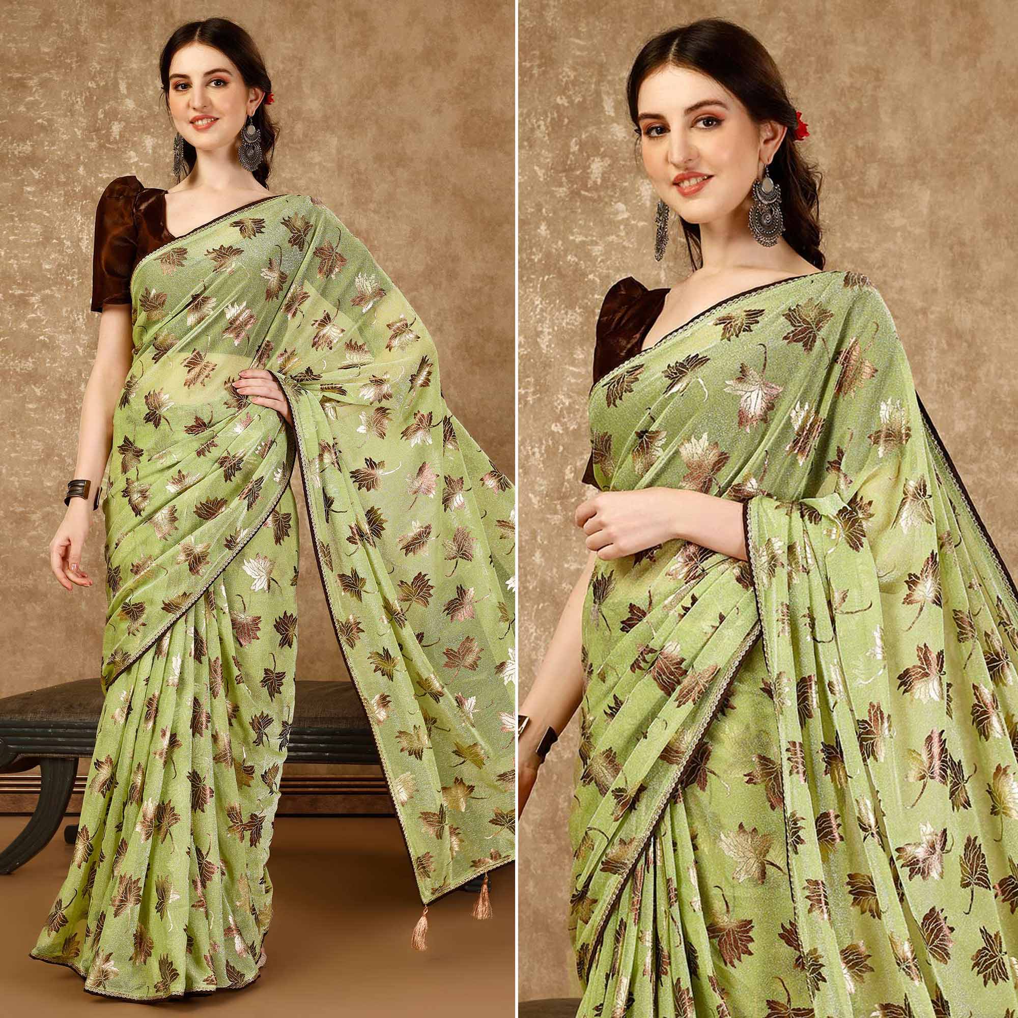 Green Foil Printed Lycra Ready To Wear Saree