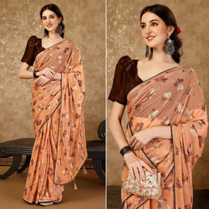 Peach Foil Printed Lycra Ready To Wear Saree