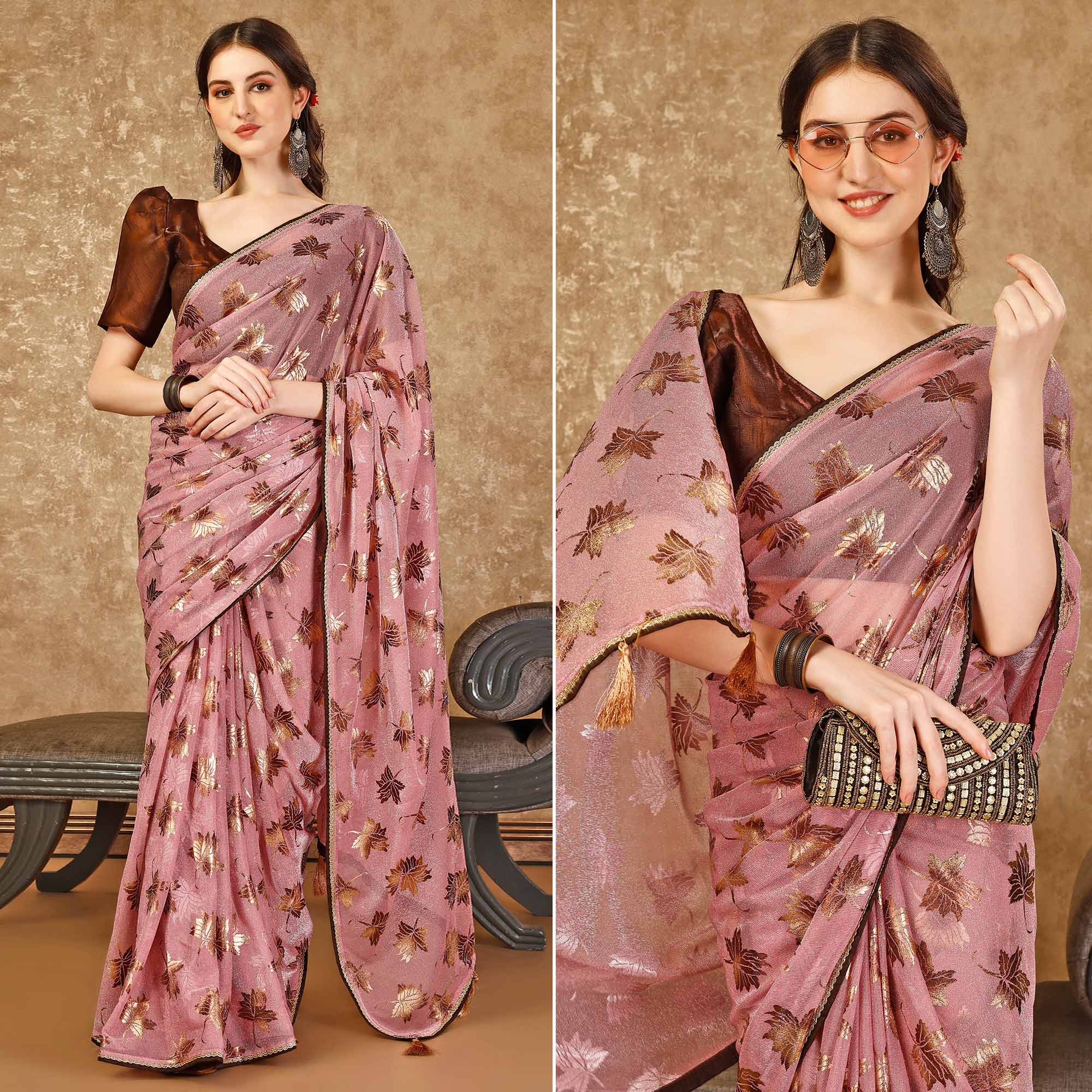 Pink Foil Printed Lycra Ready To Wear Saree