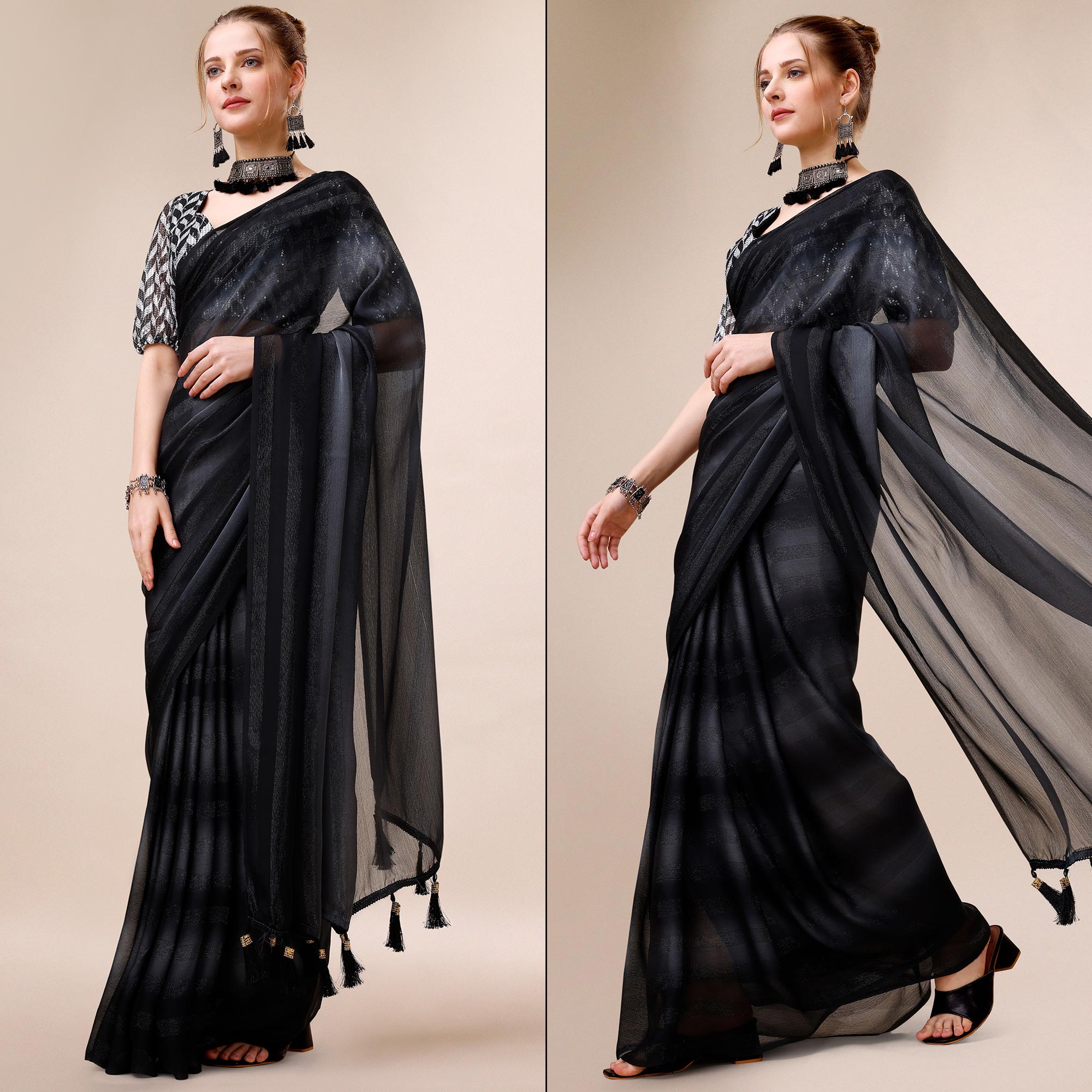 Black Striped Woven Chiffon Saree