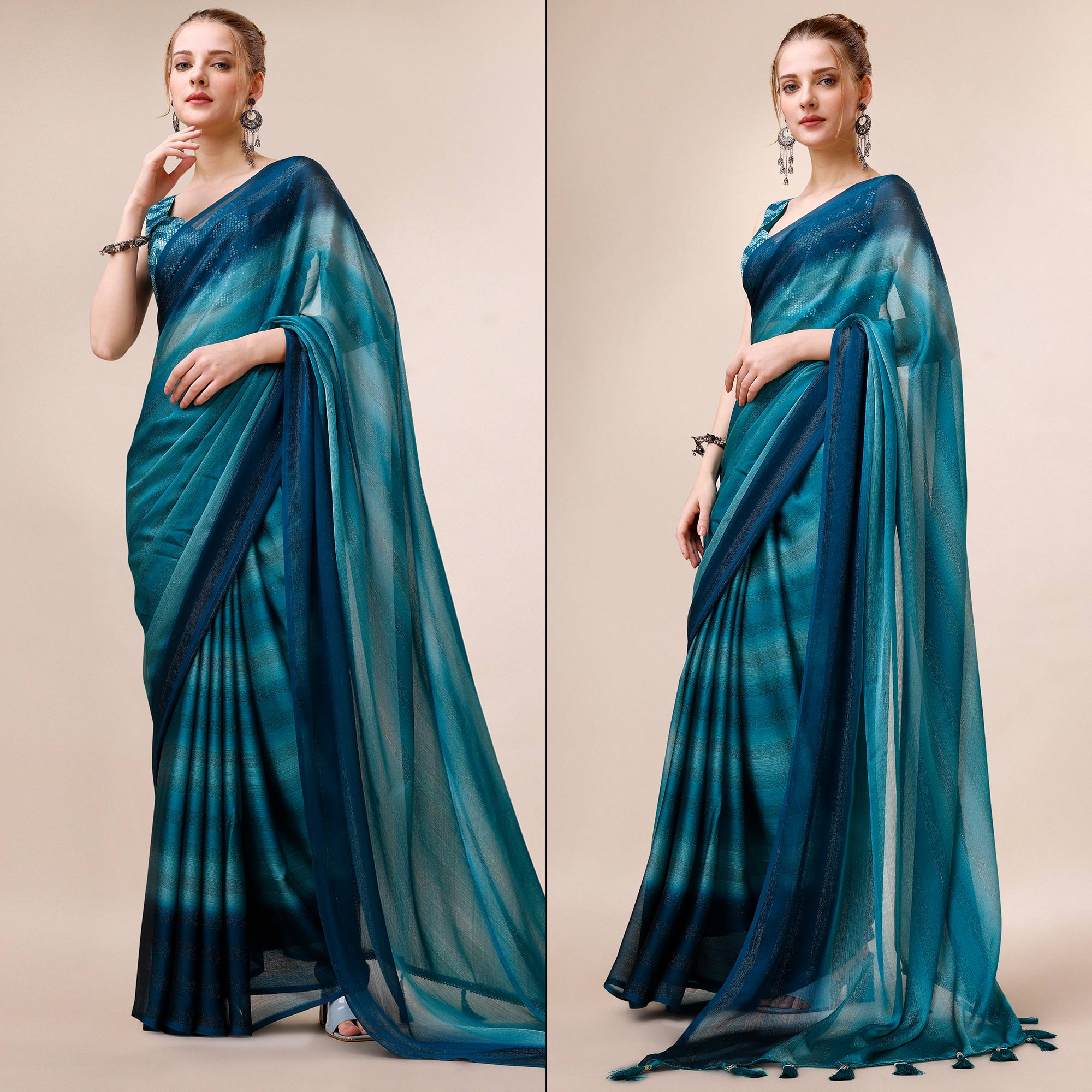 Teal Blue Striped Woven Chiffon Saree