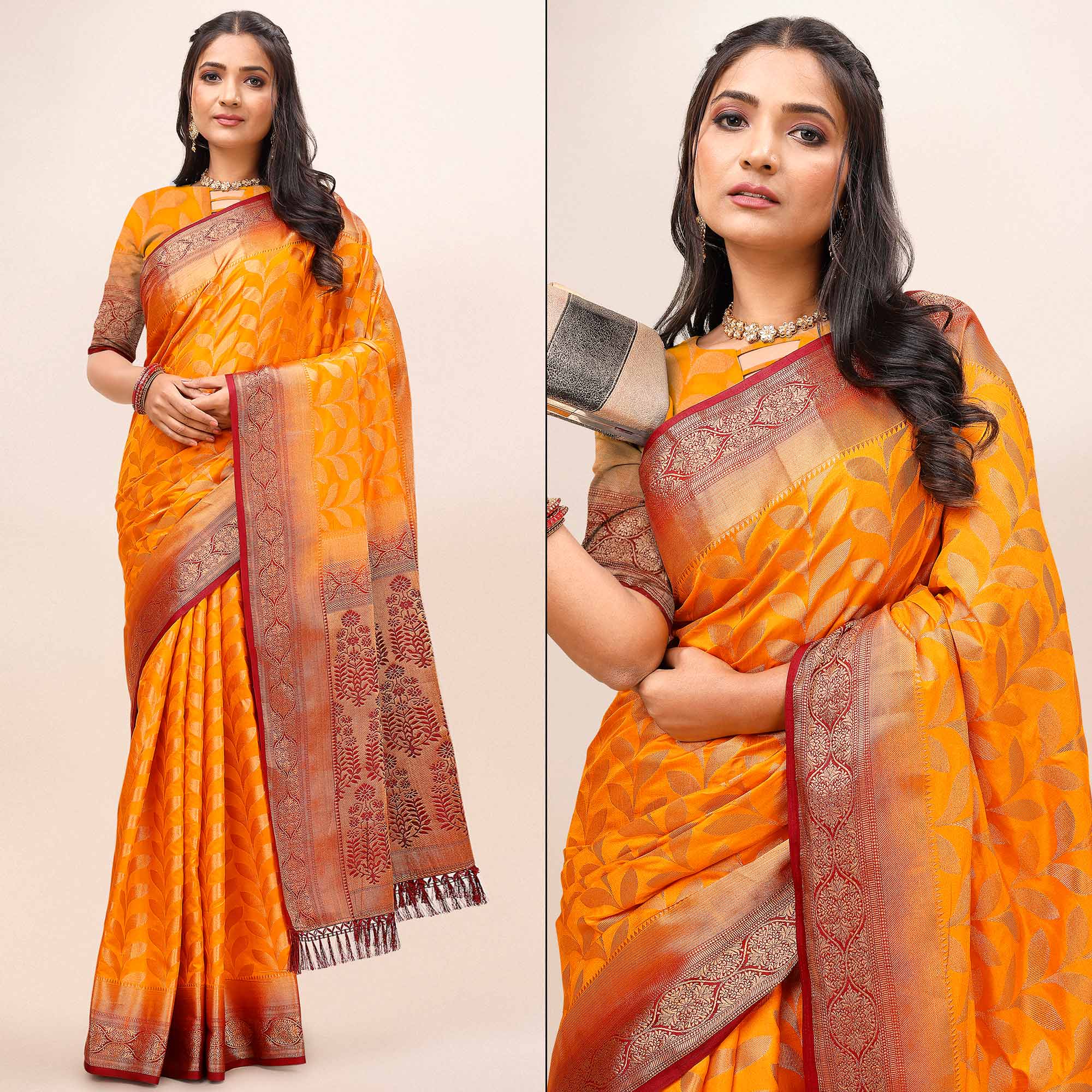 Orange Woven Dola Silk Saree With Tassels