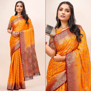 Orange Woven Dola Silk Saree With Tassels