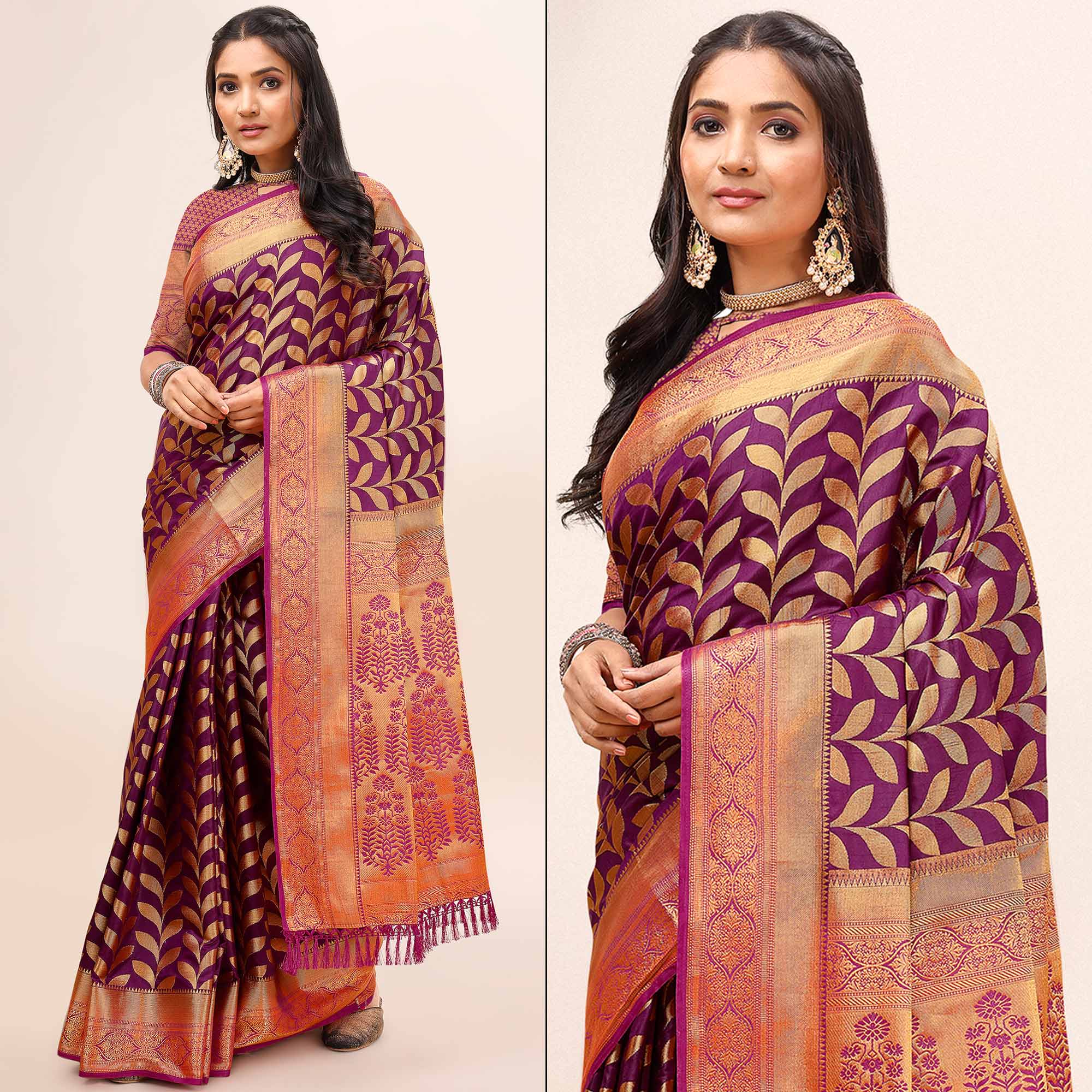Purple Woven Dola Silk Saree With Tassels
