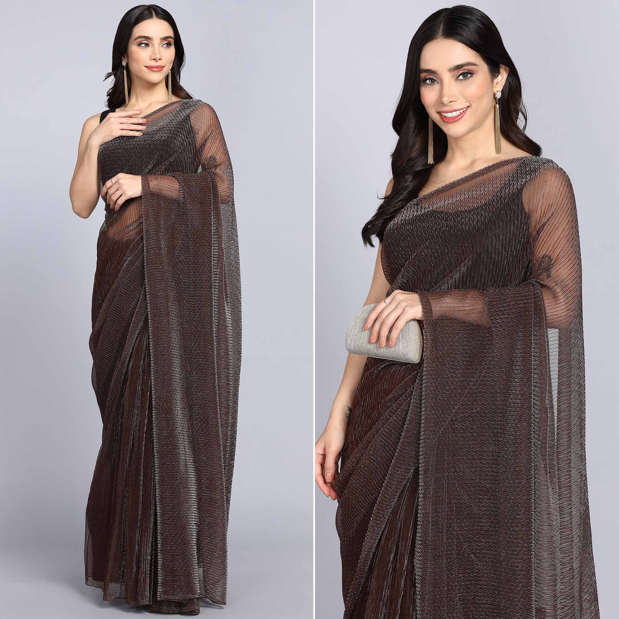 Brown Solid Lycra Crush Saree