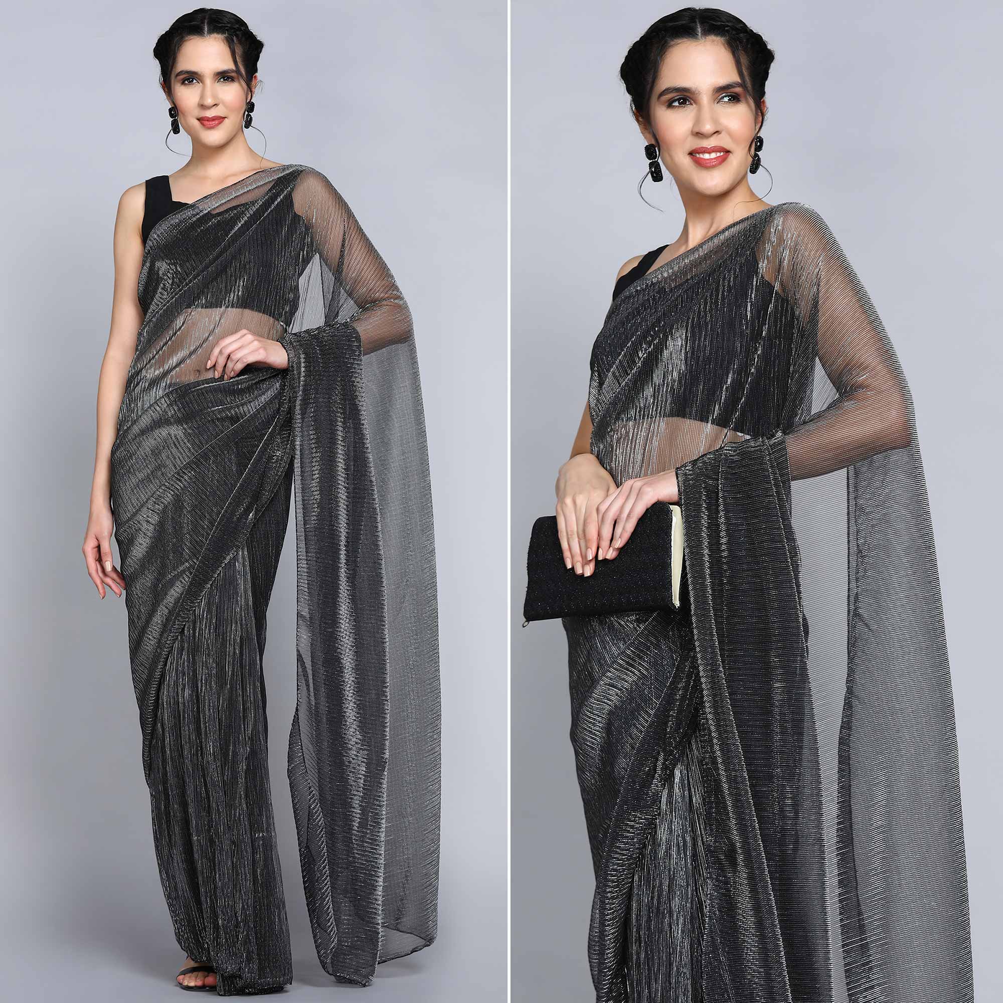 Black Solid Lycra Crush Saree