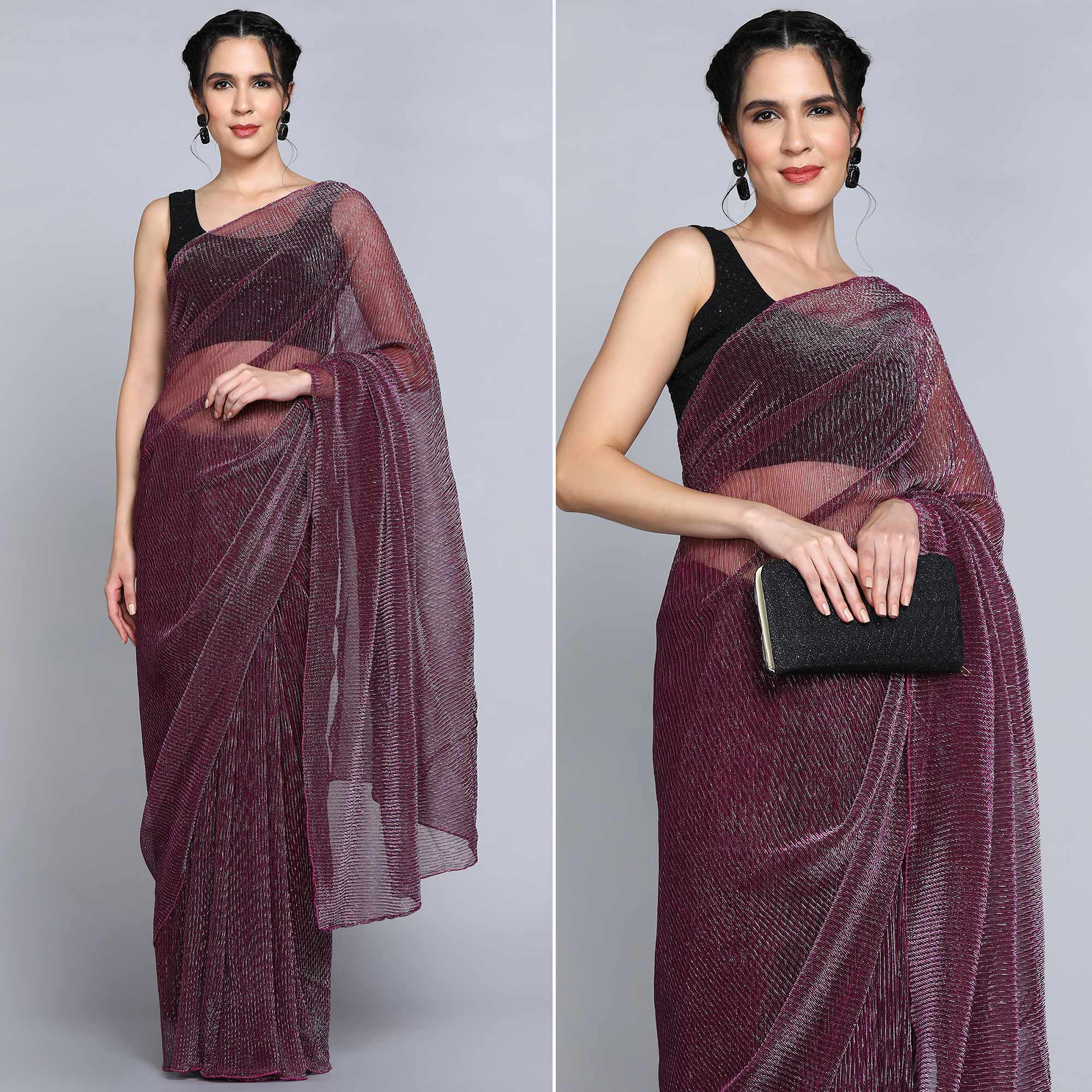 Dark Mauve Solid Lycra Crush Saree