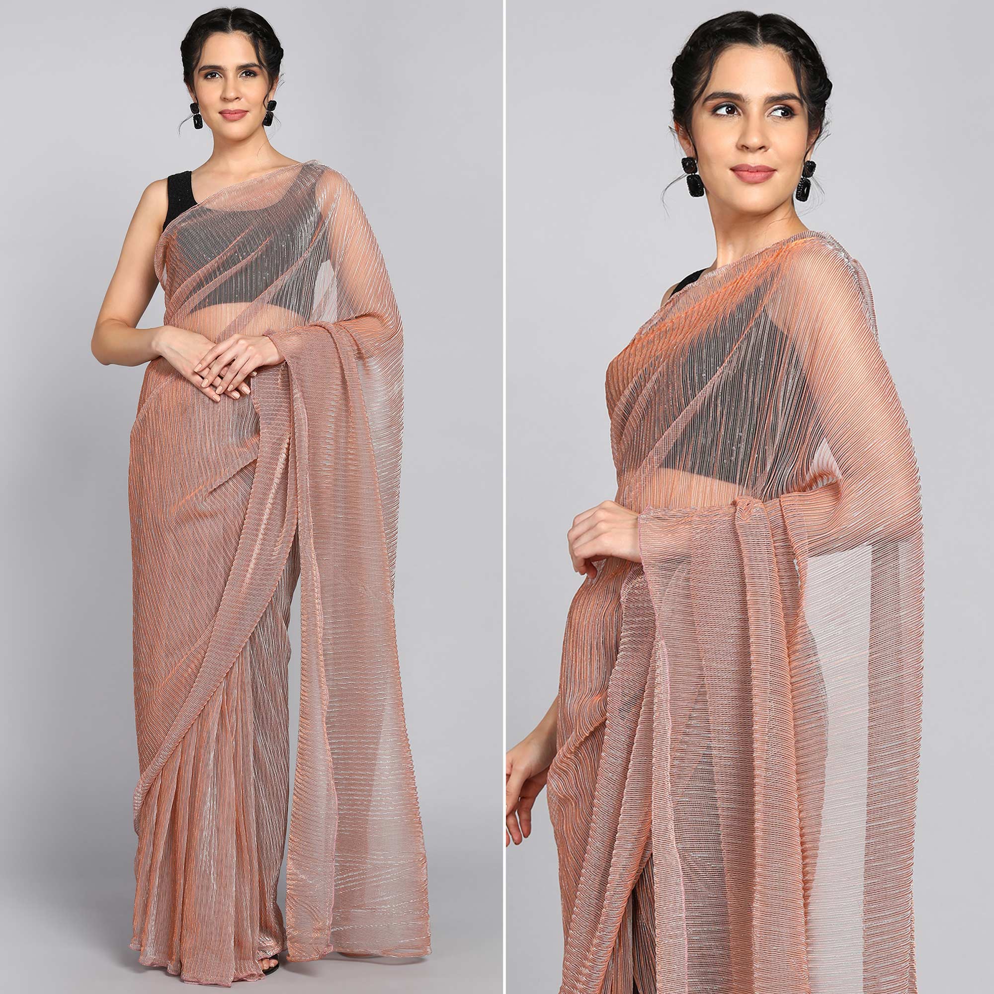 Peach Solid Lycra Crush Saree