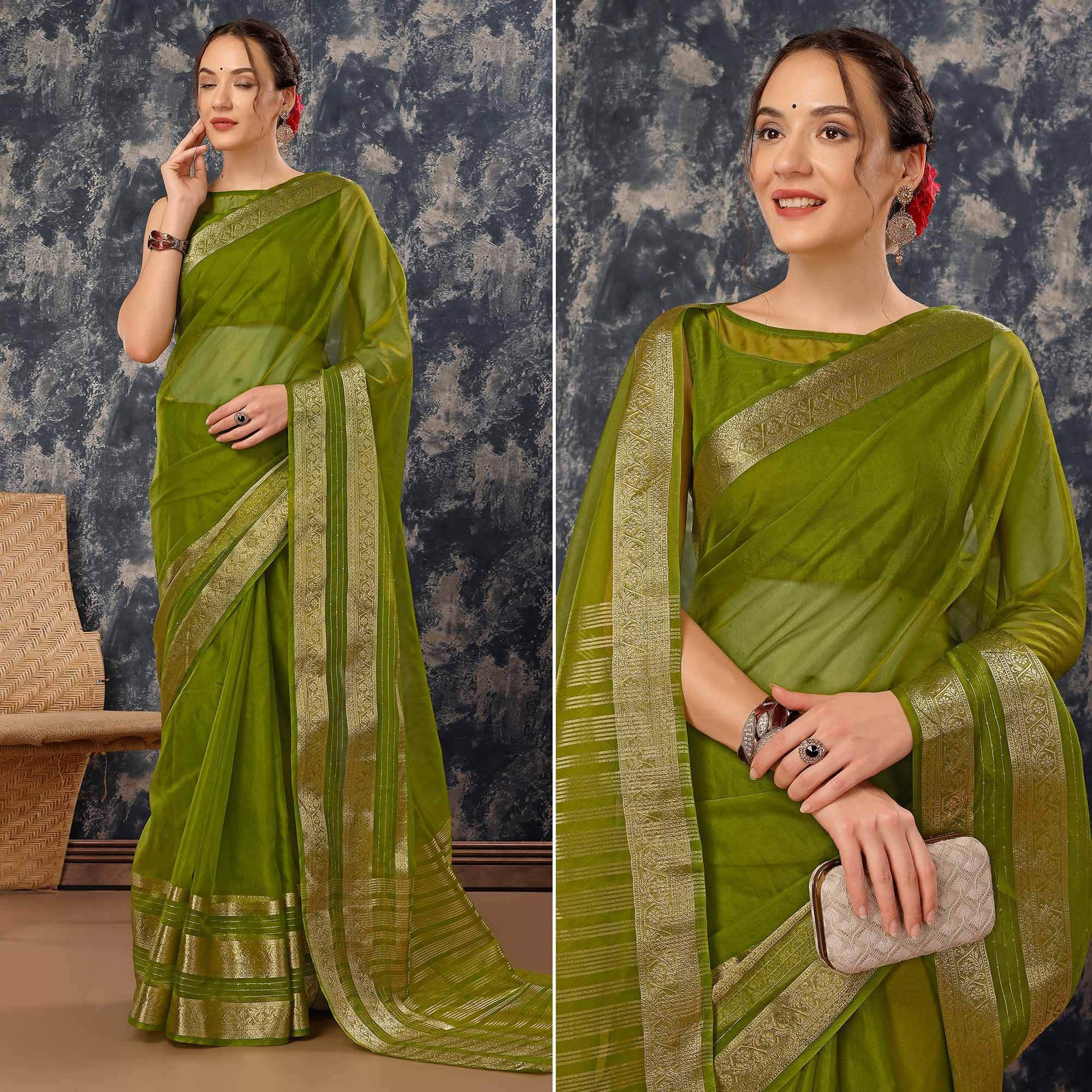 Mehendi Green Floral Zari Woven Organza Saree