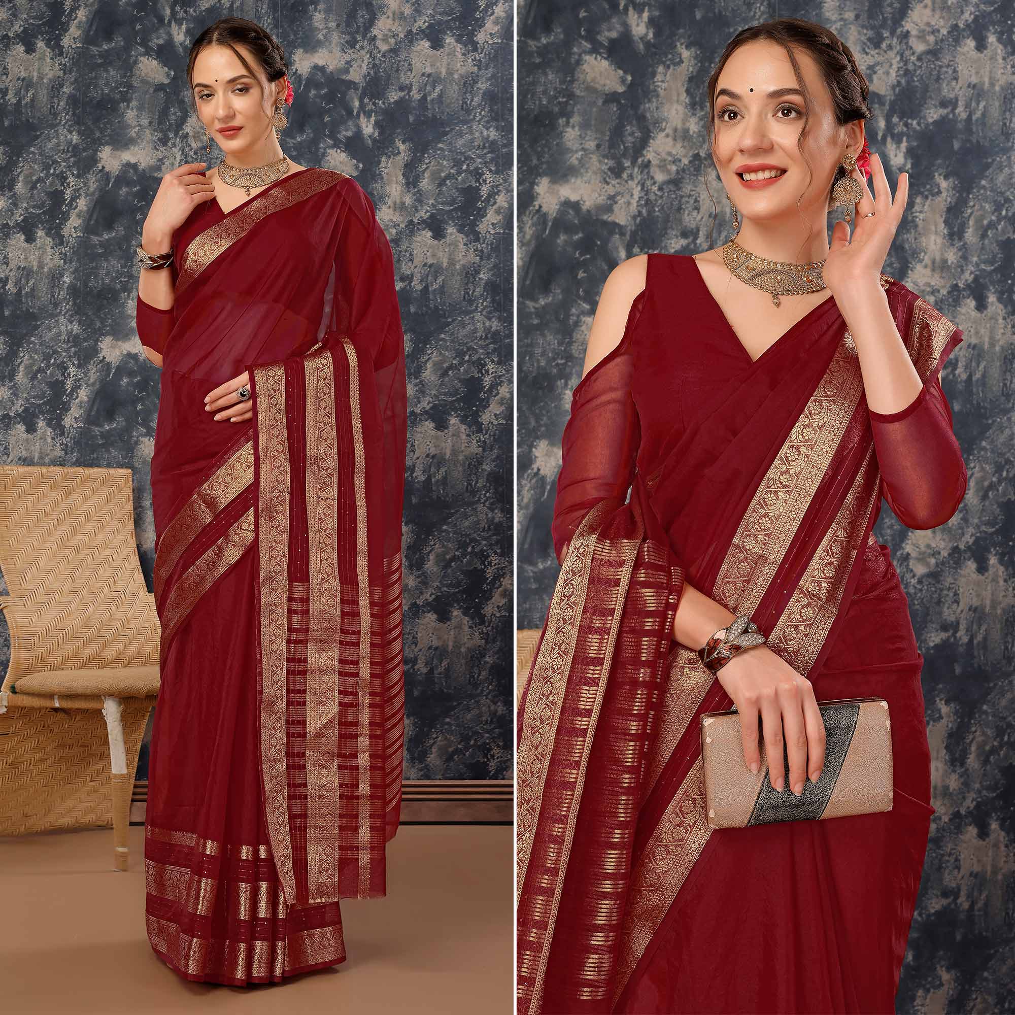 Maroon Floral Zari Woven Organza Saree