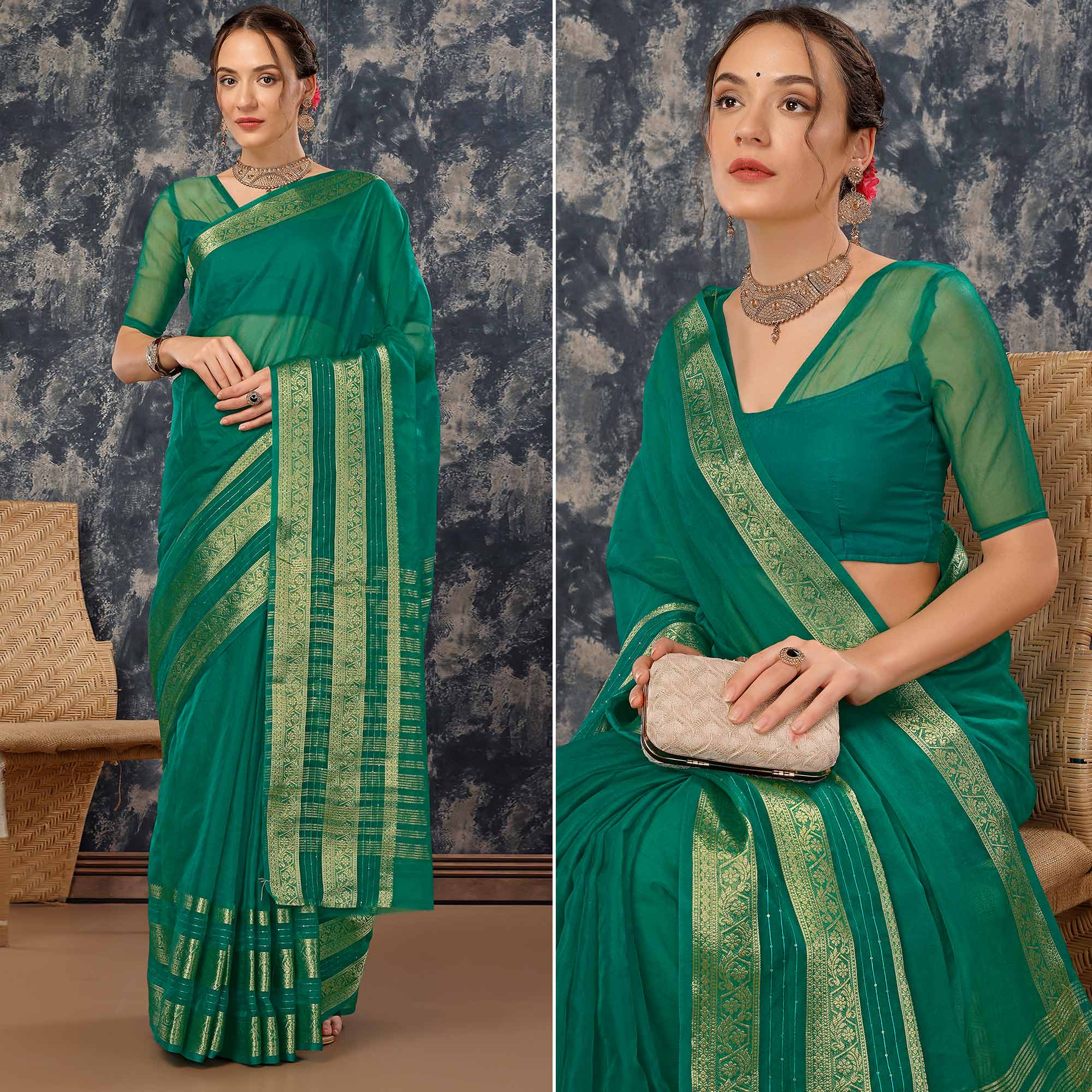 Green Floral Zari Woven Organza Saree