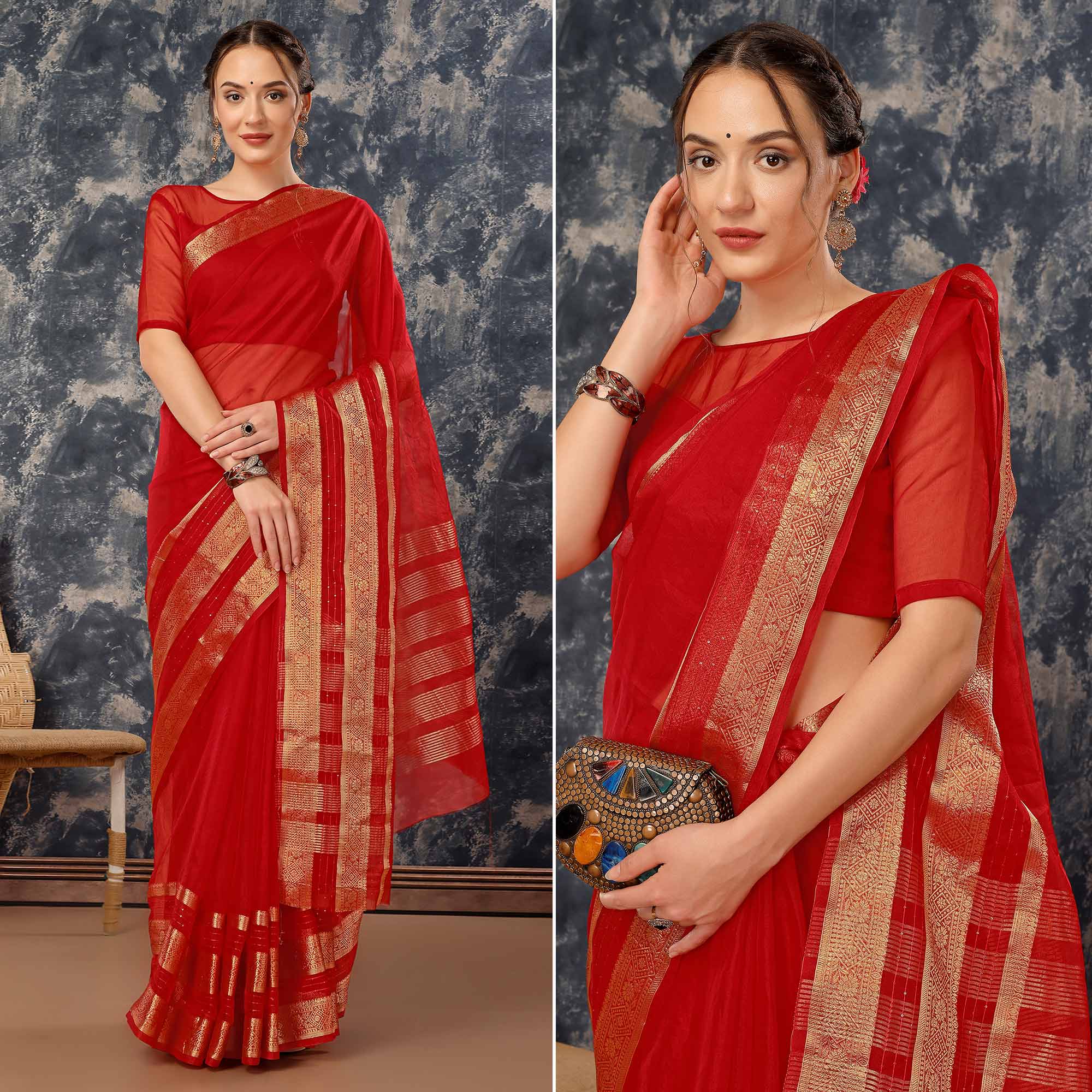 Red Floral Zari Woven Organza Saree