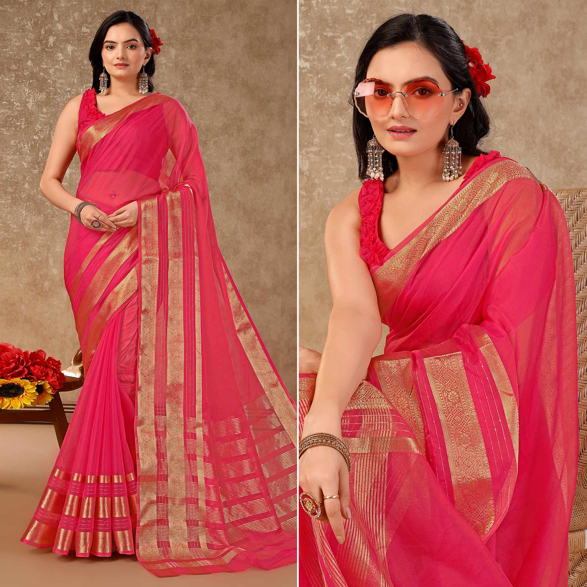 Pink Floral Zari Woven Organza Saree