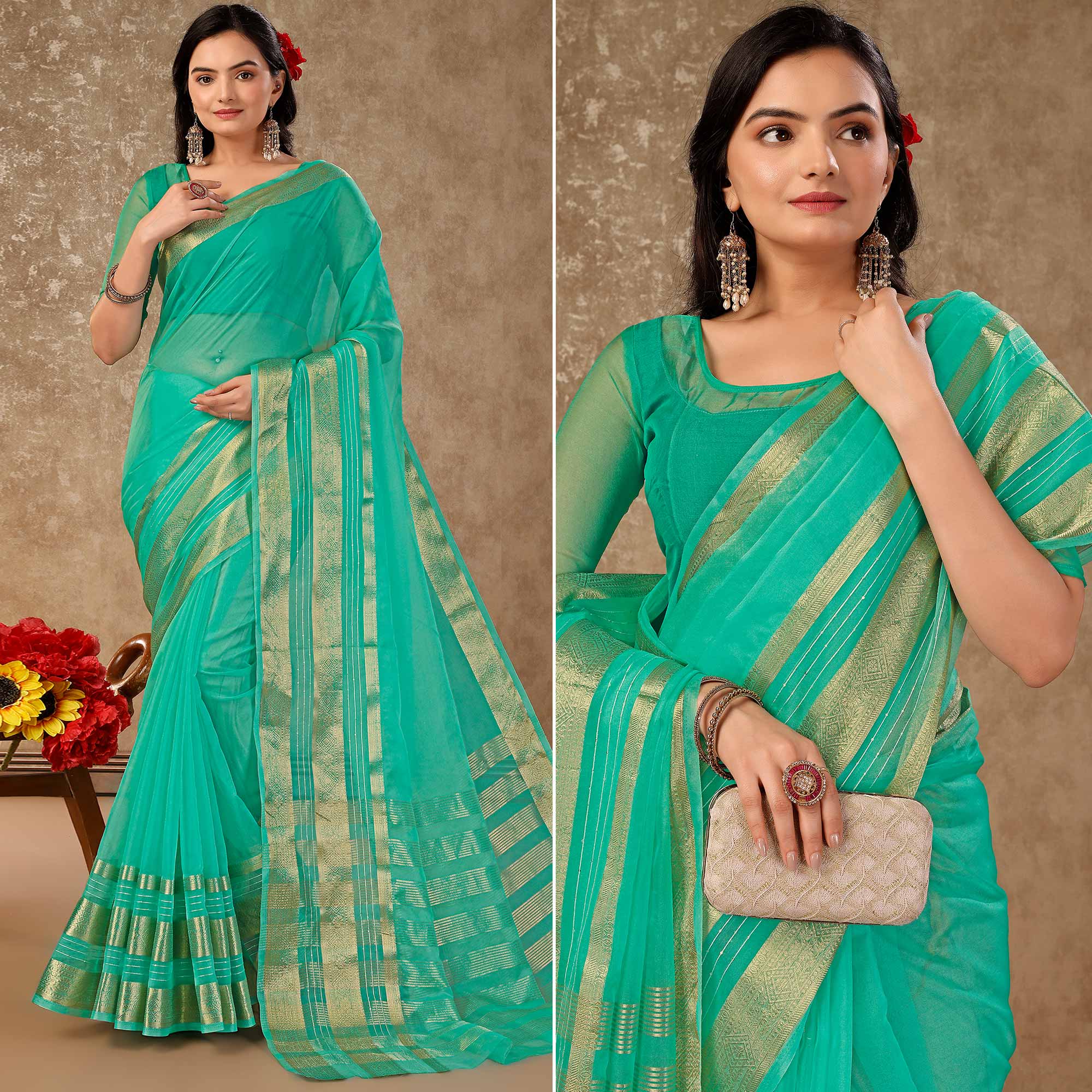 Rama Green Floral Zari Woven Organza Saree