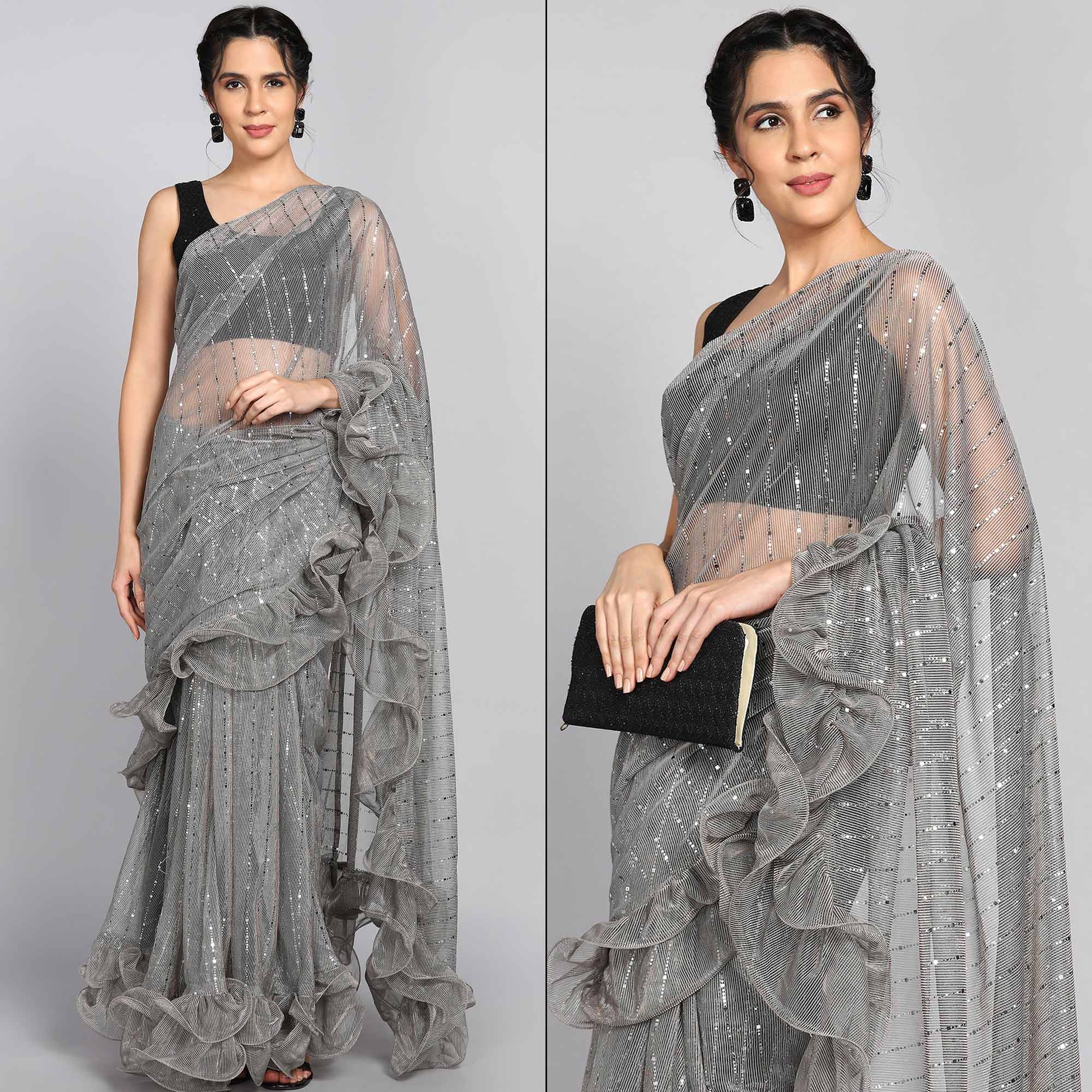 Grey Tikki Work Lycra Ruffle Saree