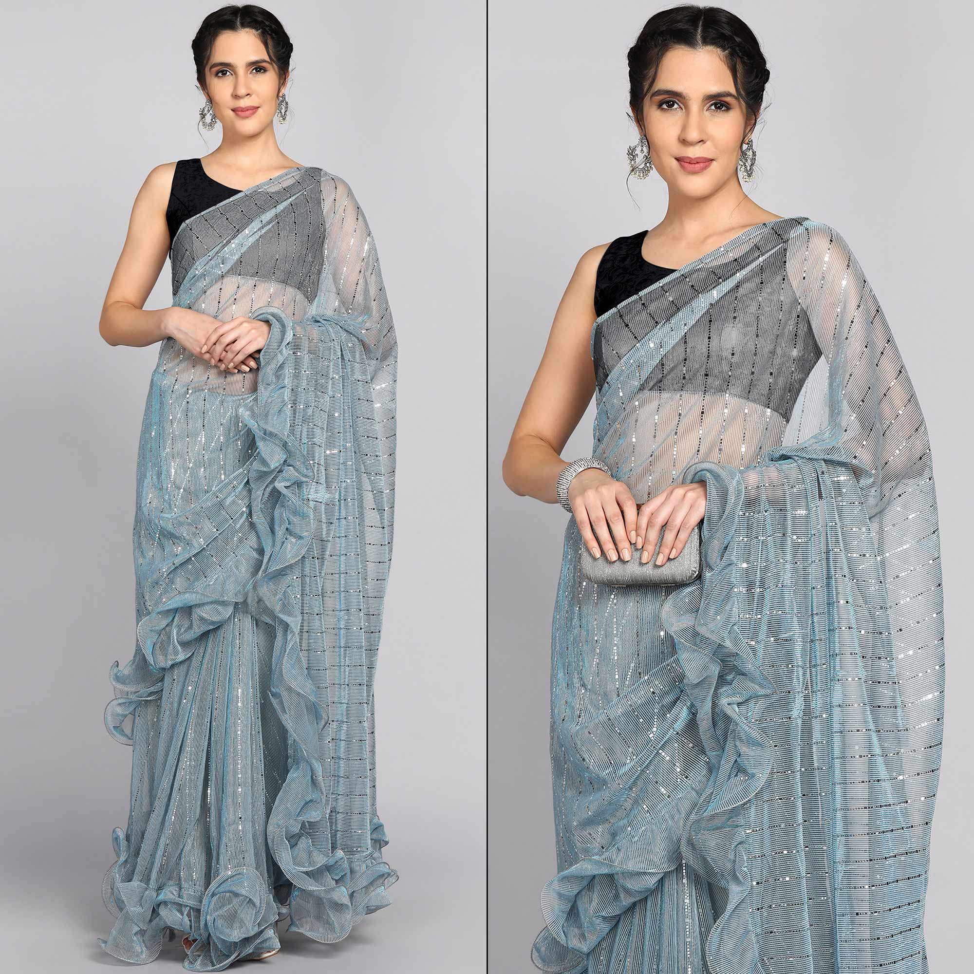 Sky Blue Tikki Work Lycra Ruffle Saree