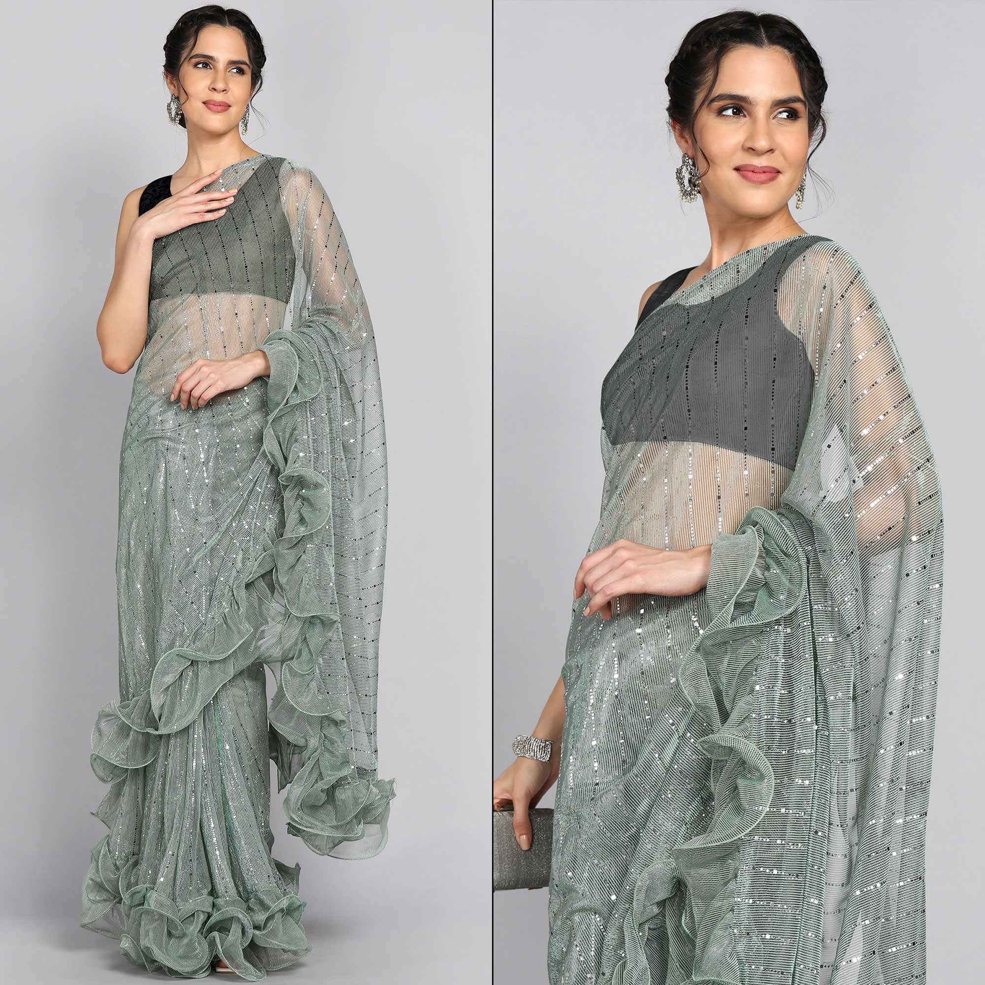 Pista Green Tikki Work Lycra Ruffle Saree