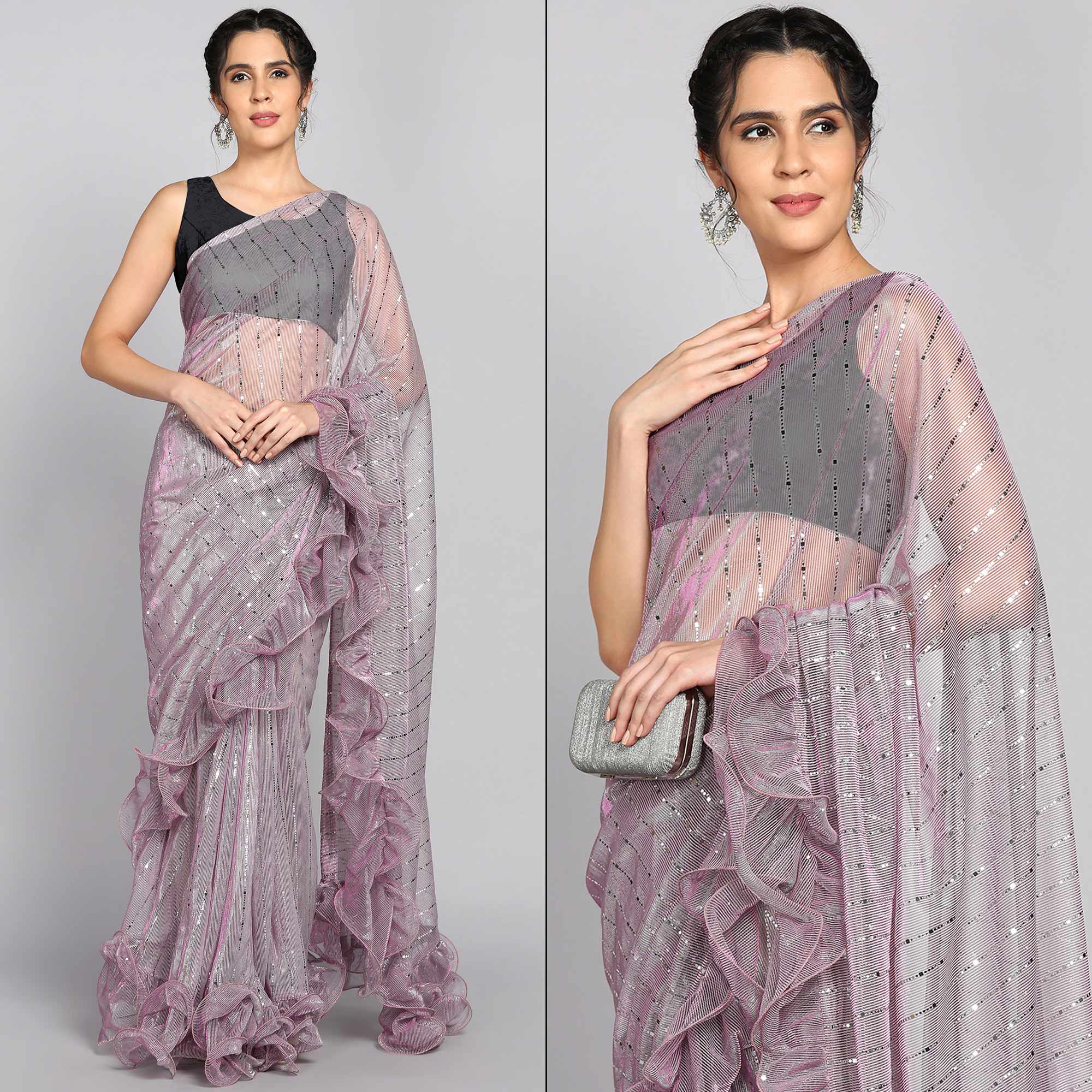 Light Mauve Tikki Work Lycra Ruffle Saree