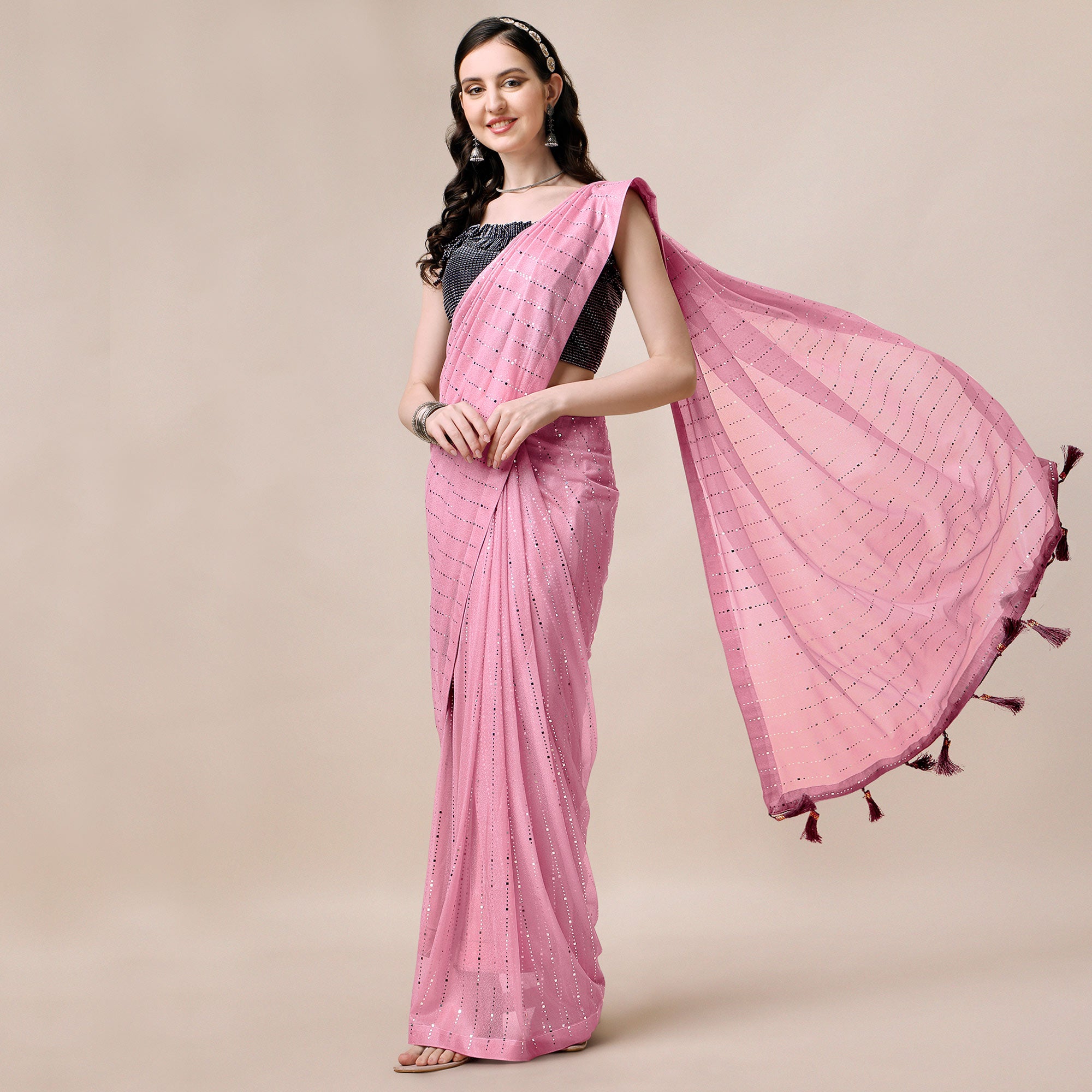 Onion Pink Striped Foil Printed Rayon Saree