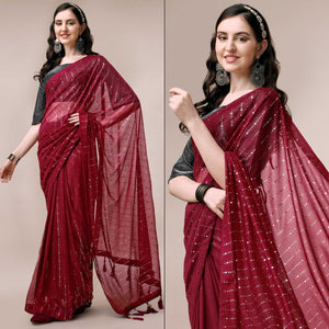 Maroon Striped Foil Printed Rayon Saree