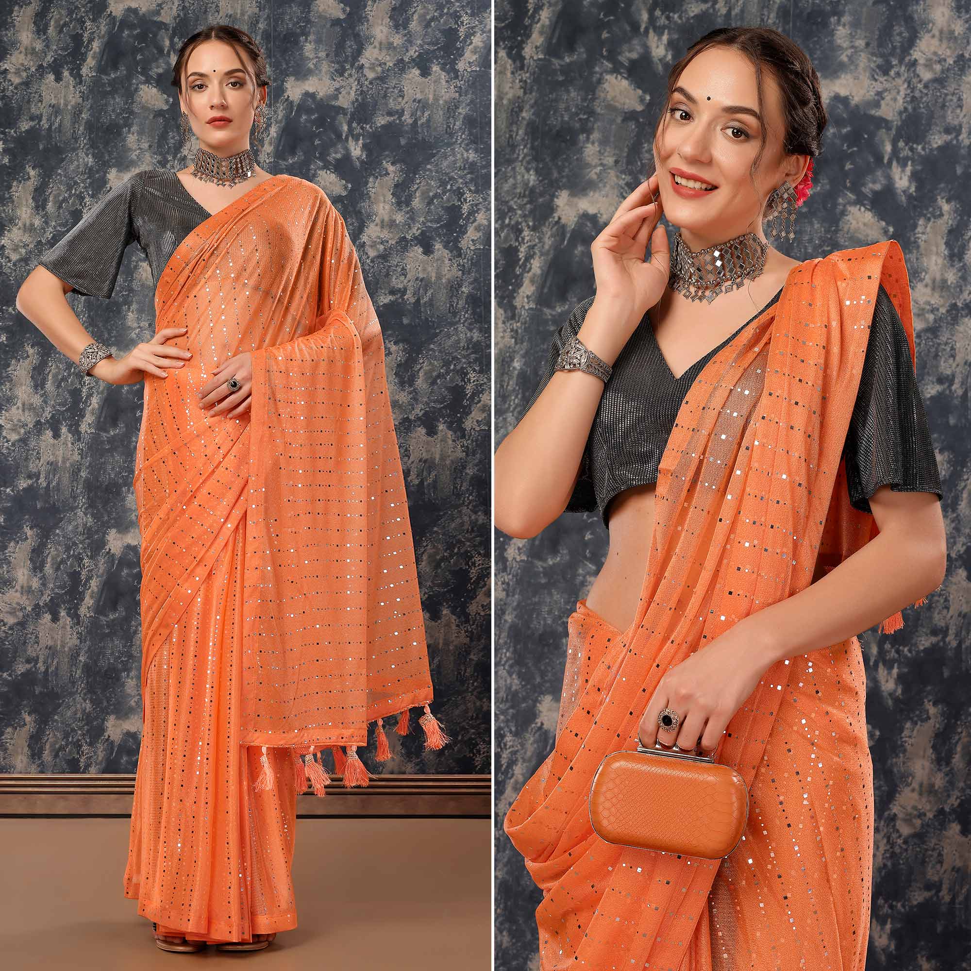 Orange Tikali Work Lycra Saree With Tassels