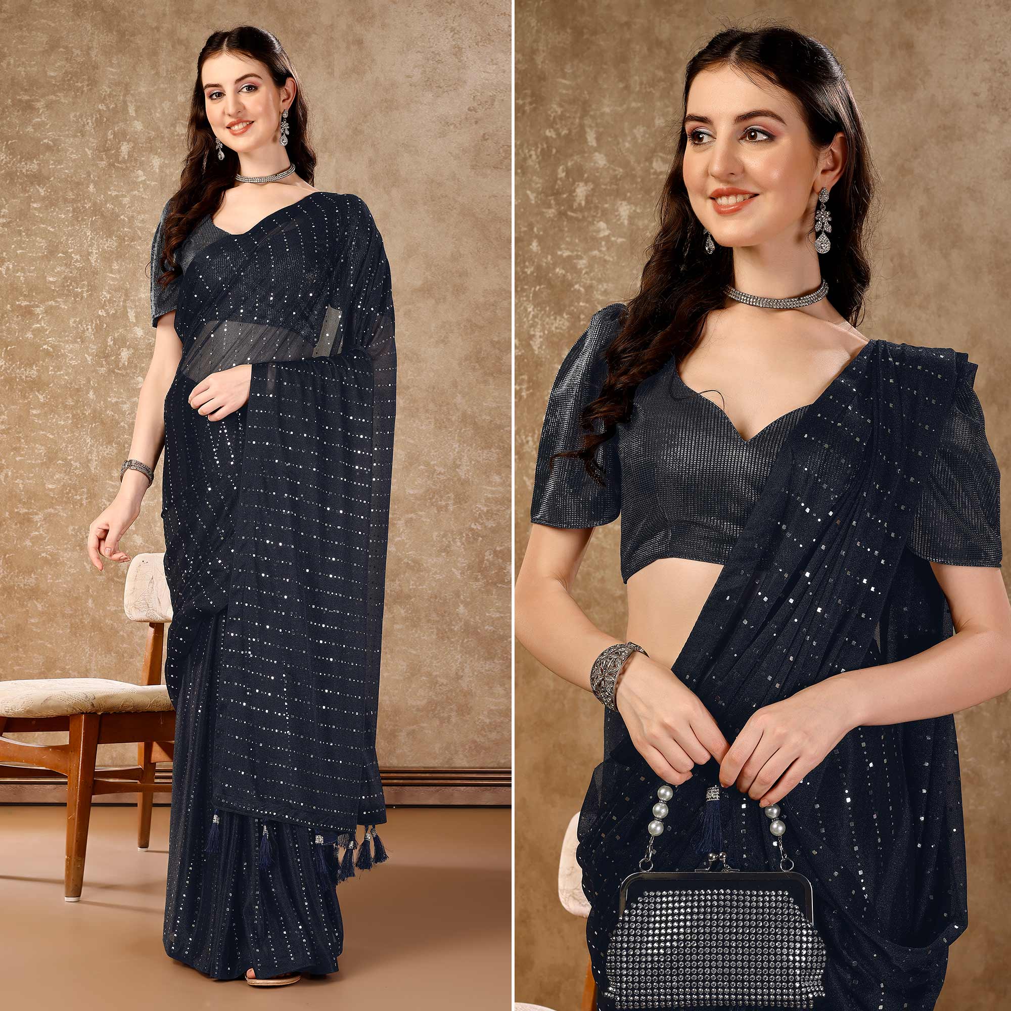 Dark Blue Tikali Work Lycra Saree With Tassels