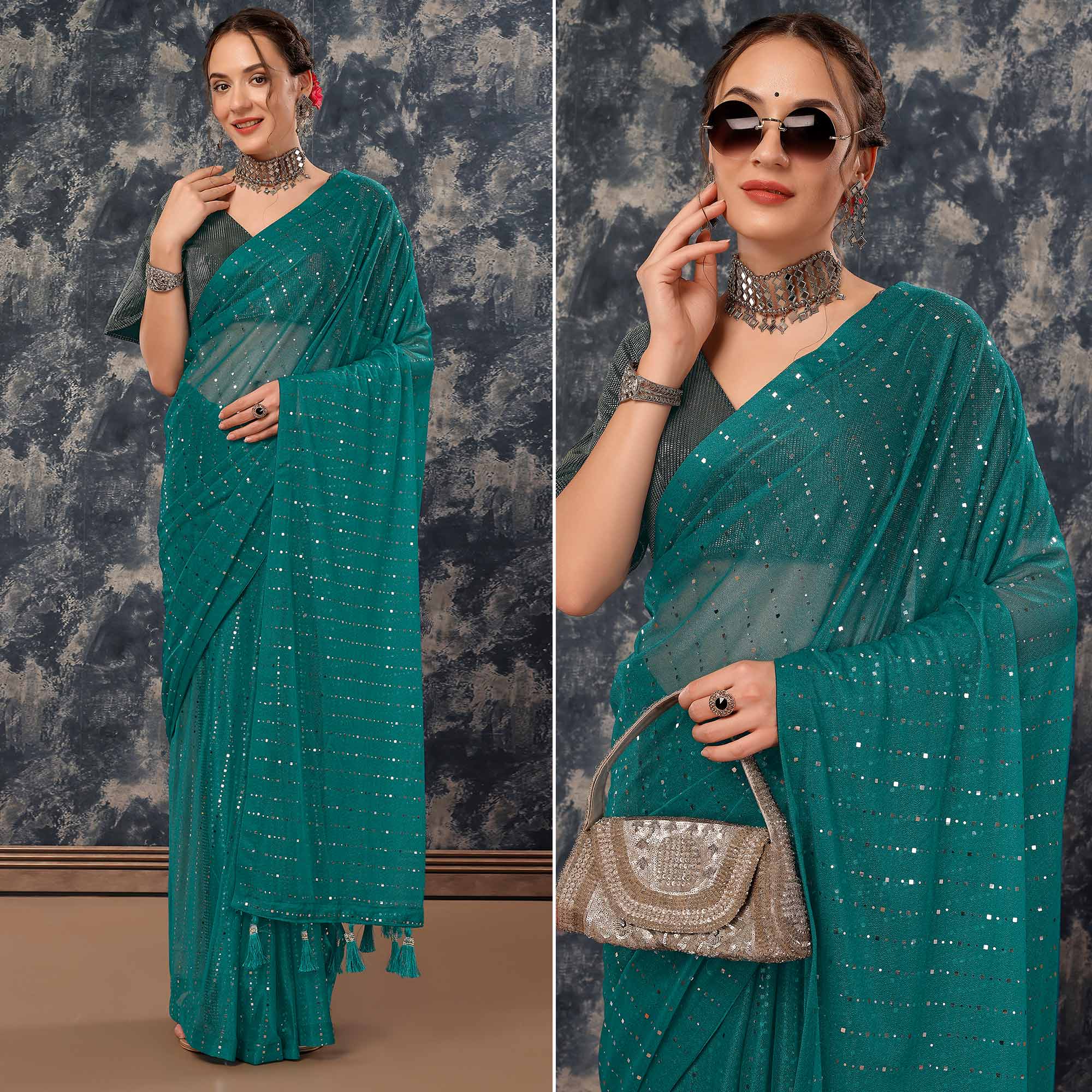 Teal Tikali Work Lycra Saree With Tassels