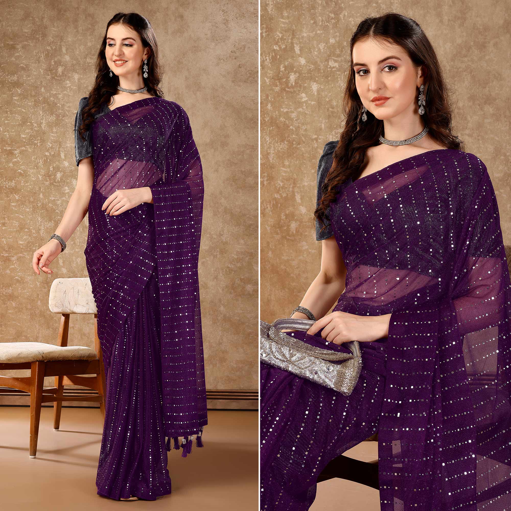 Purple Tikali Work Lycra Saree With Tassels