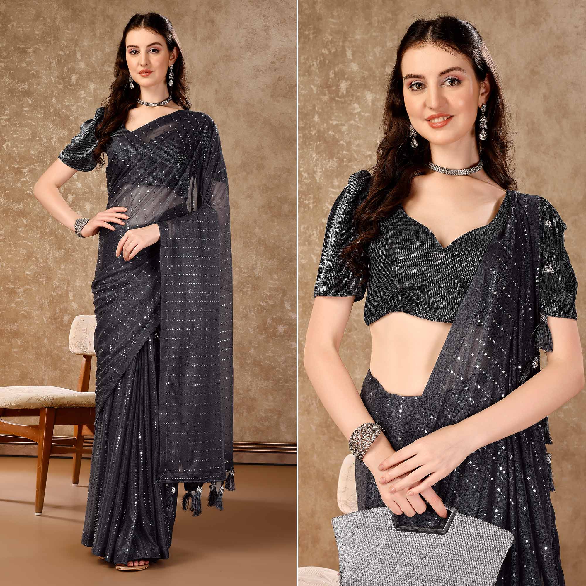 Grey Tikali Work Lycra Saree With Tassels