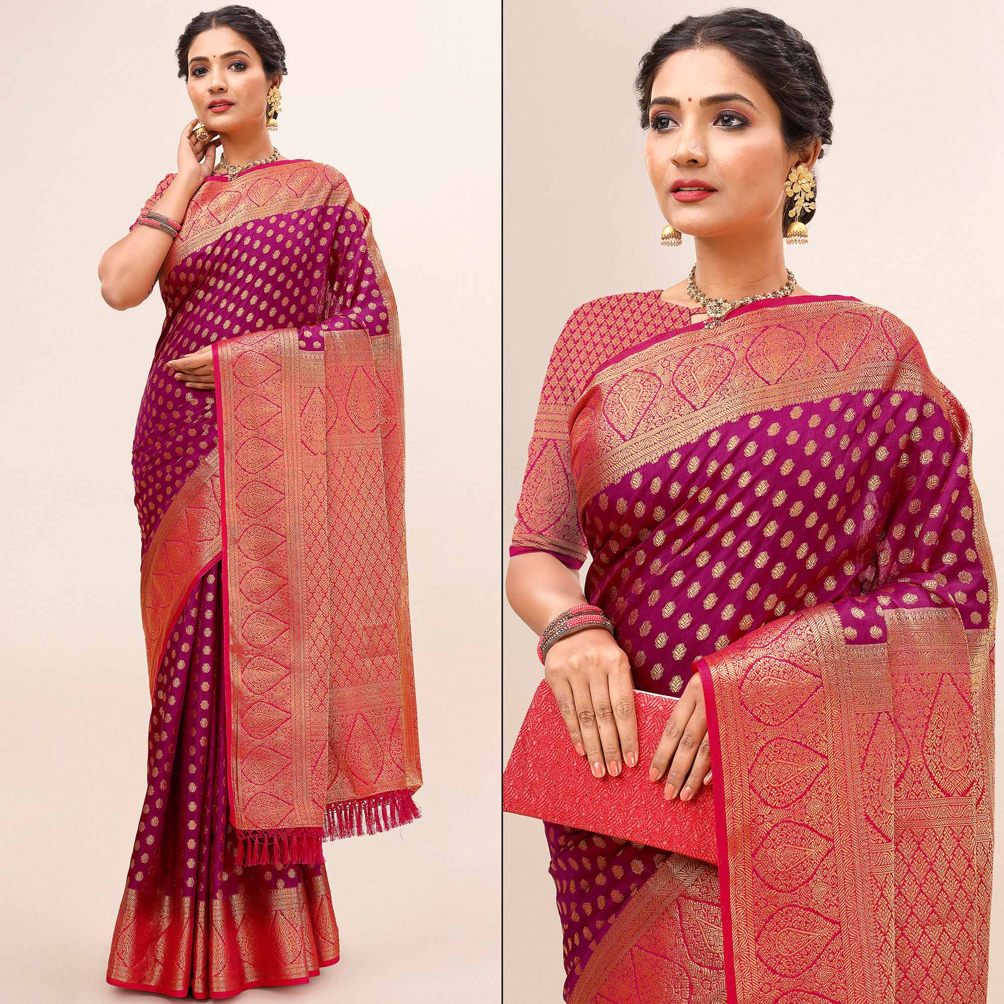 Purple Woven Dola Silk Saree With Tassels