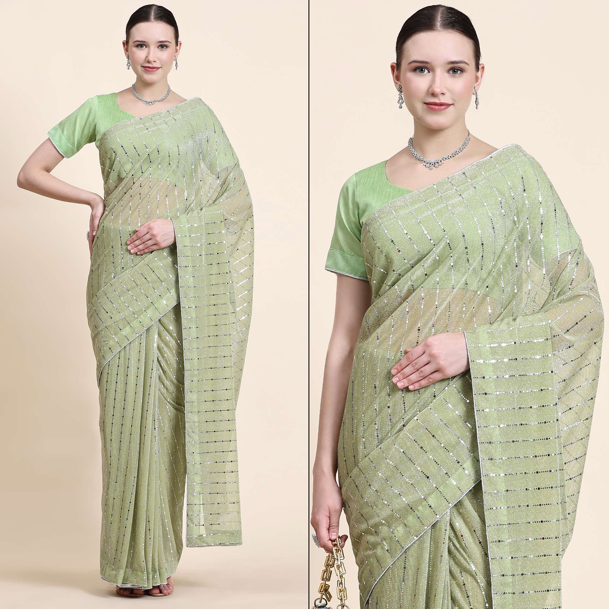 Pista Green Tikali Work Lycra Saree