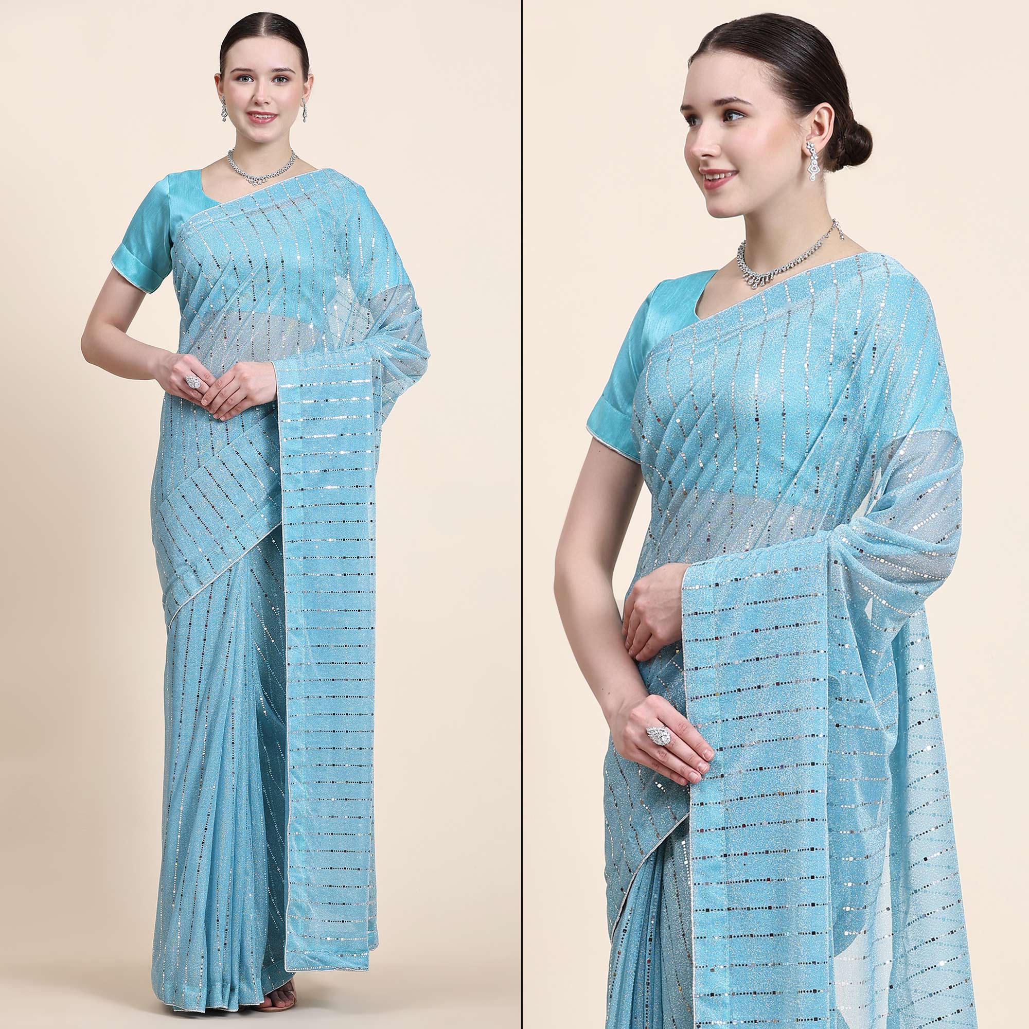 Blue Tikali Work Lycra Saree