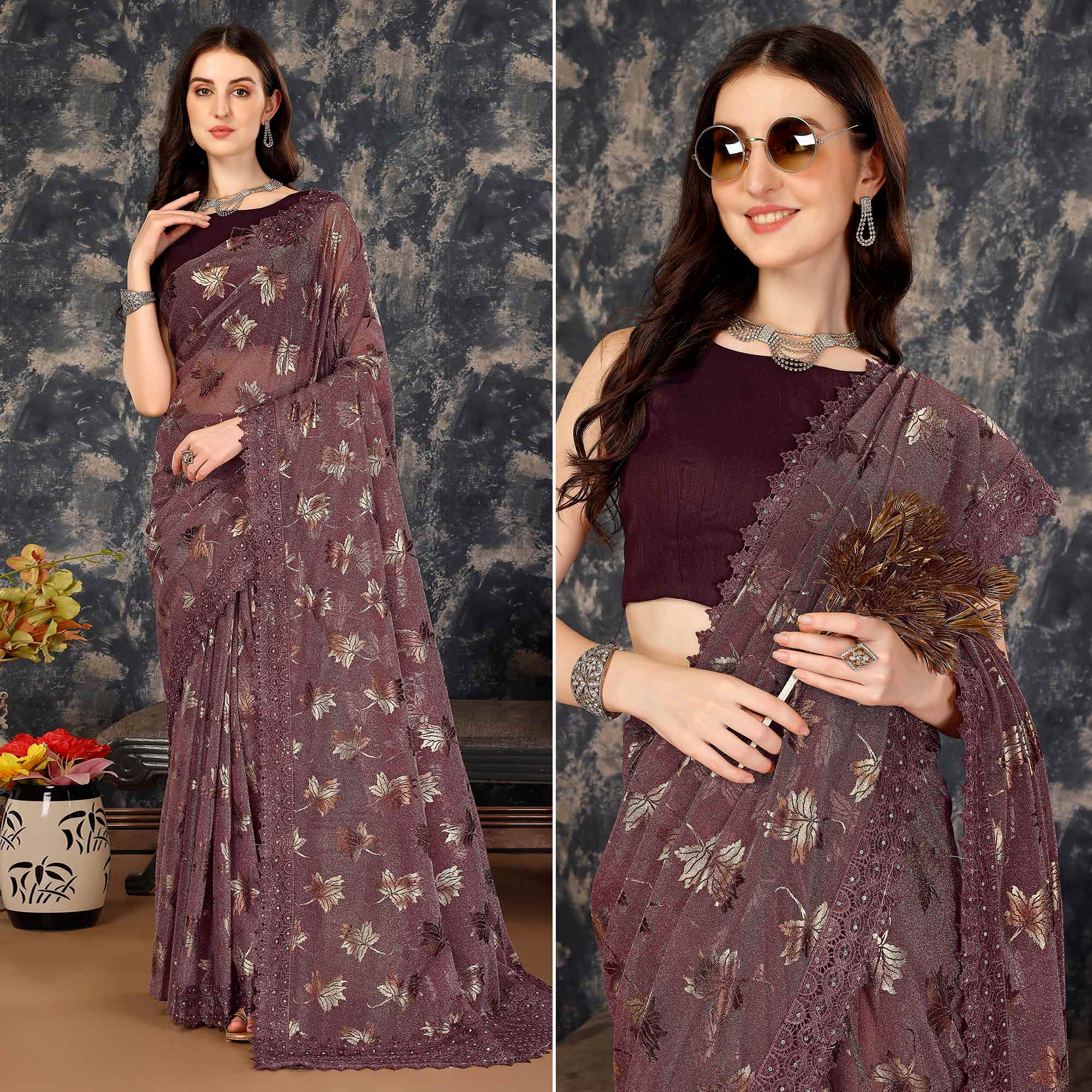 Dark Mauve Foil Printed Lycra Saree With Embroidered Lace Border