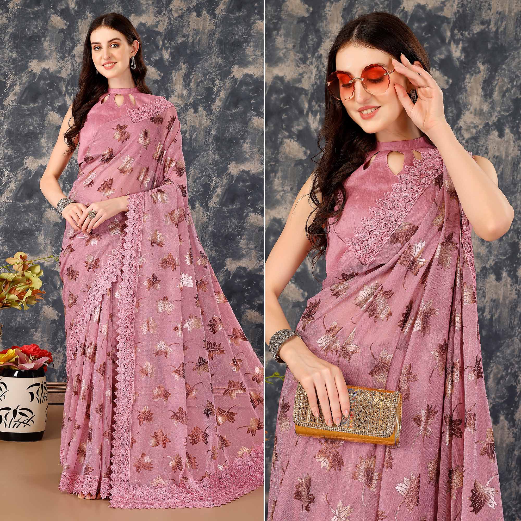 Pink Foil Printed Lycra Saree With Embroidered Lace Border
