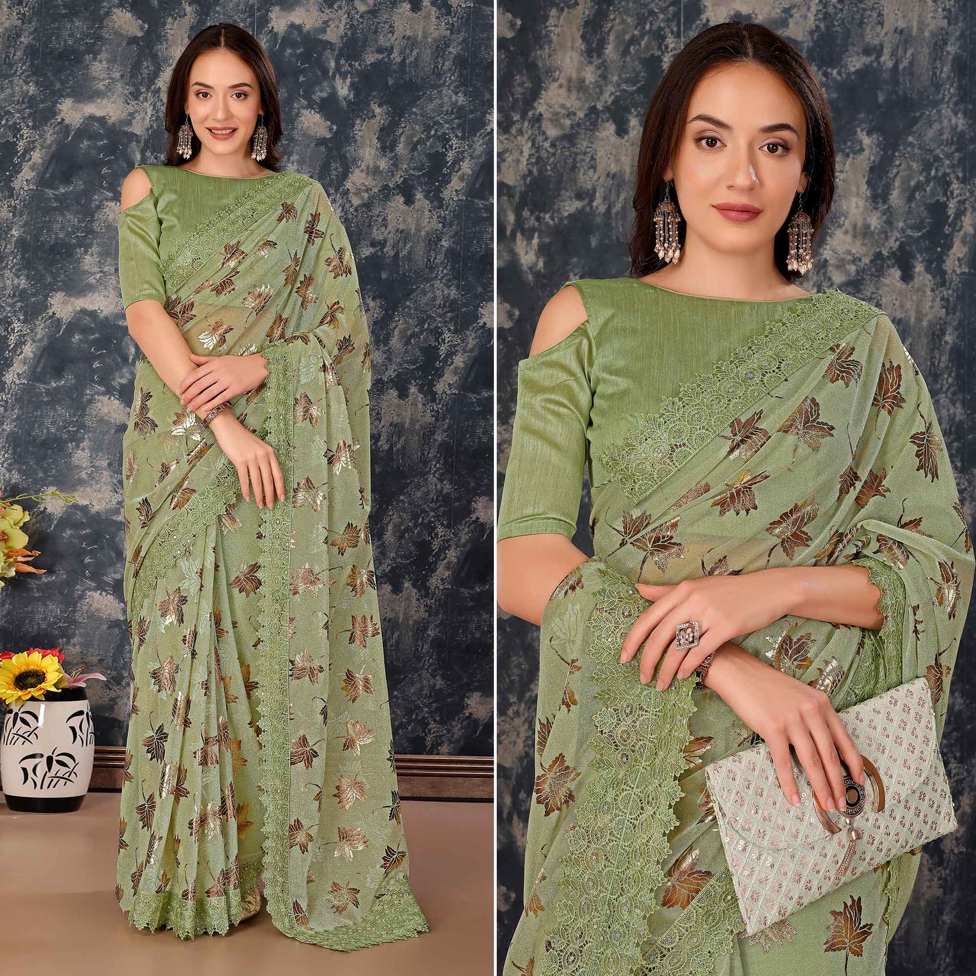 Green Foil Printed Lycra Saree With Embroidered Lace Border