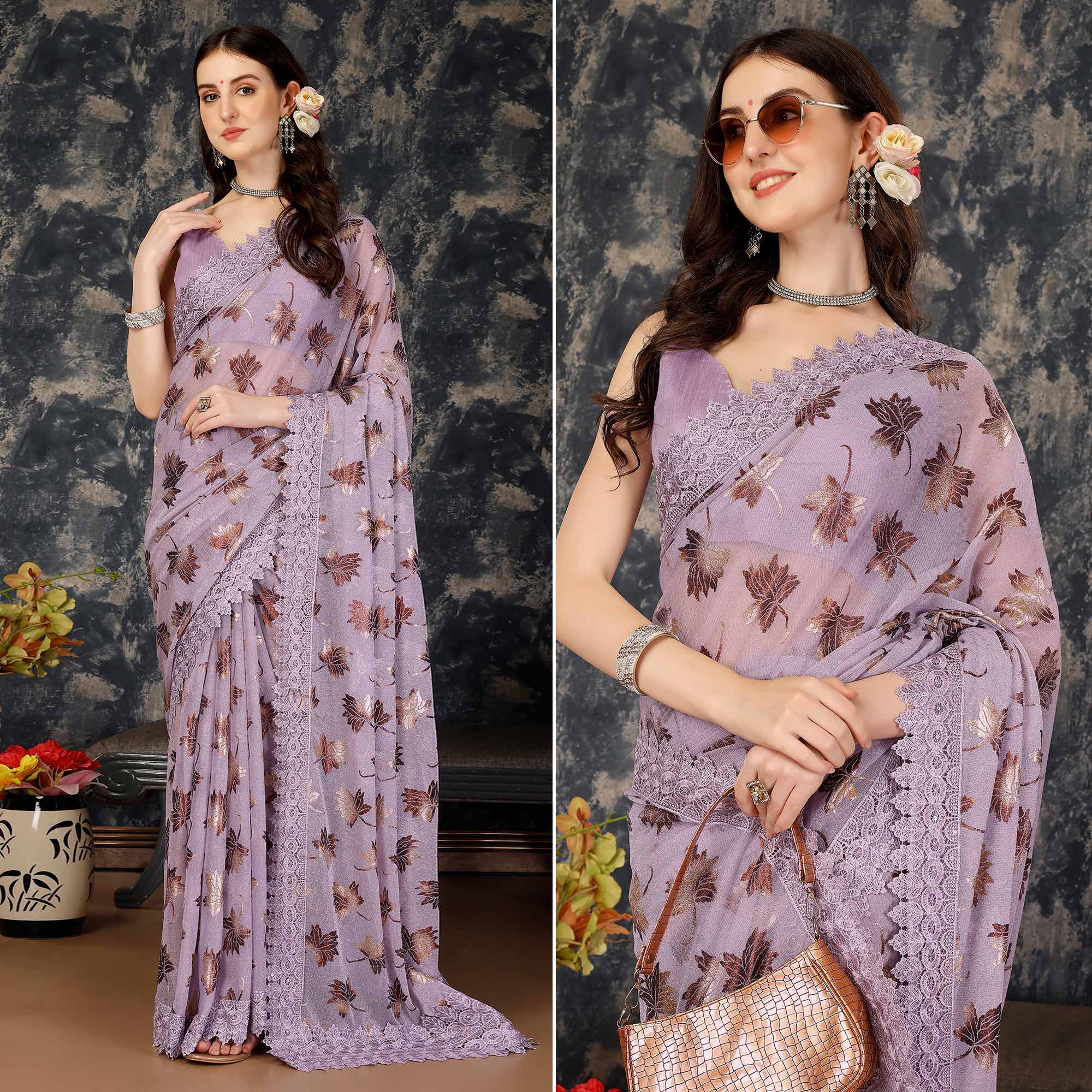 Light Purple Foil Printed Lycra Saree With Embroidered Lace Border