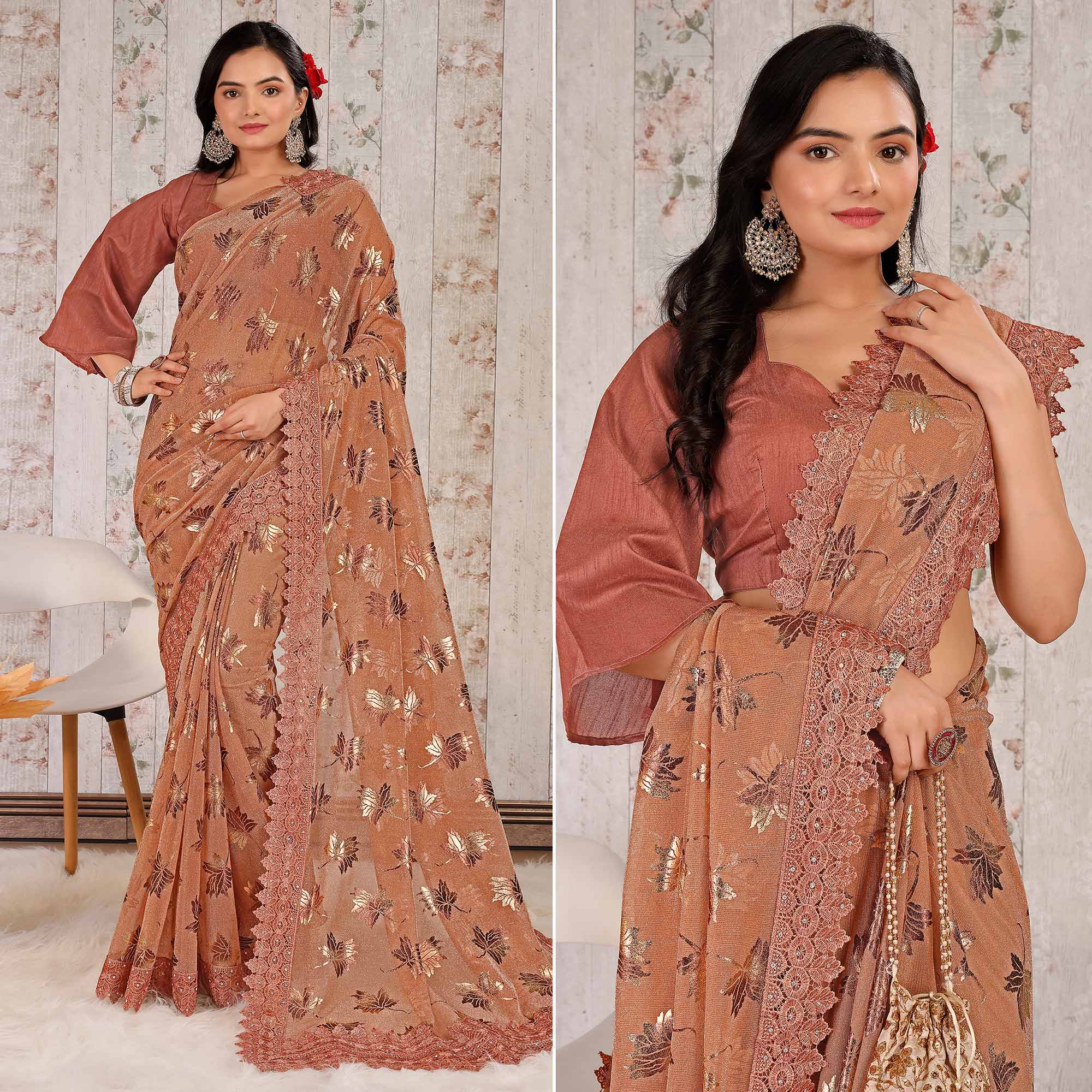 Dusty Peach Foil Printed Lycra Saree With Embroidered Lace Border