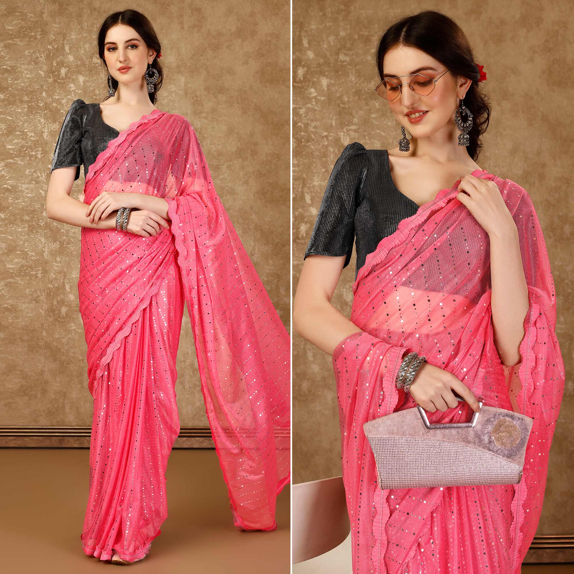 Pink Tikali With Swarovski Work Lycra Ready To Wear Saree
