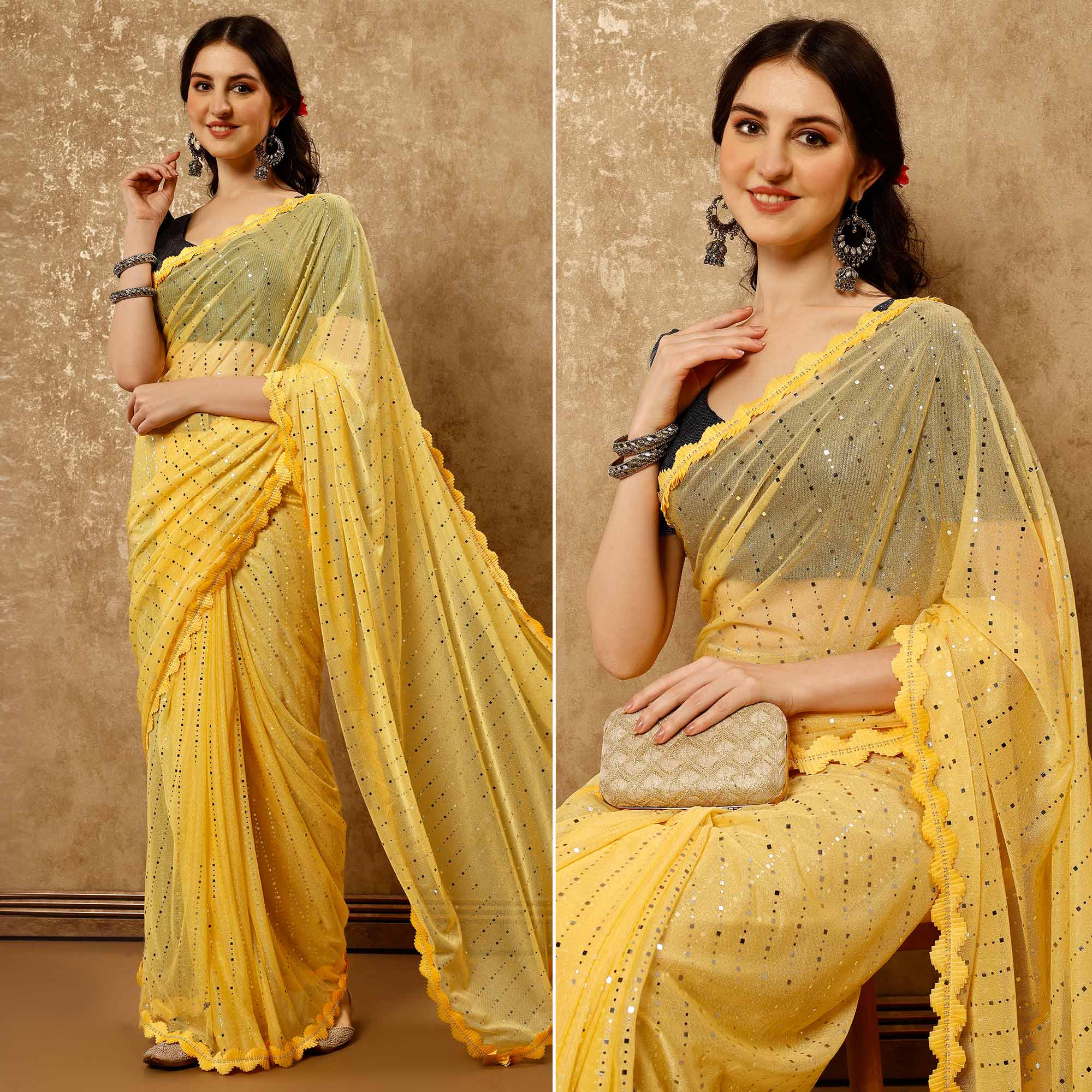 Yellow Tikali With Swarovski Work Lycra Ready To Wear Saree