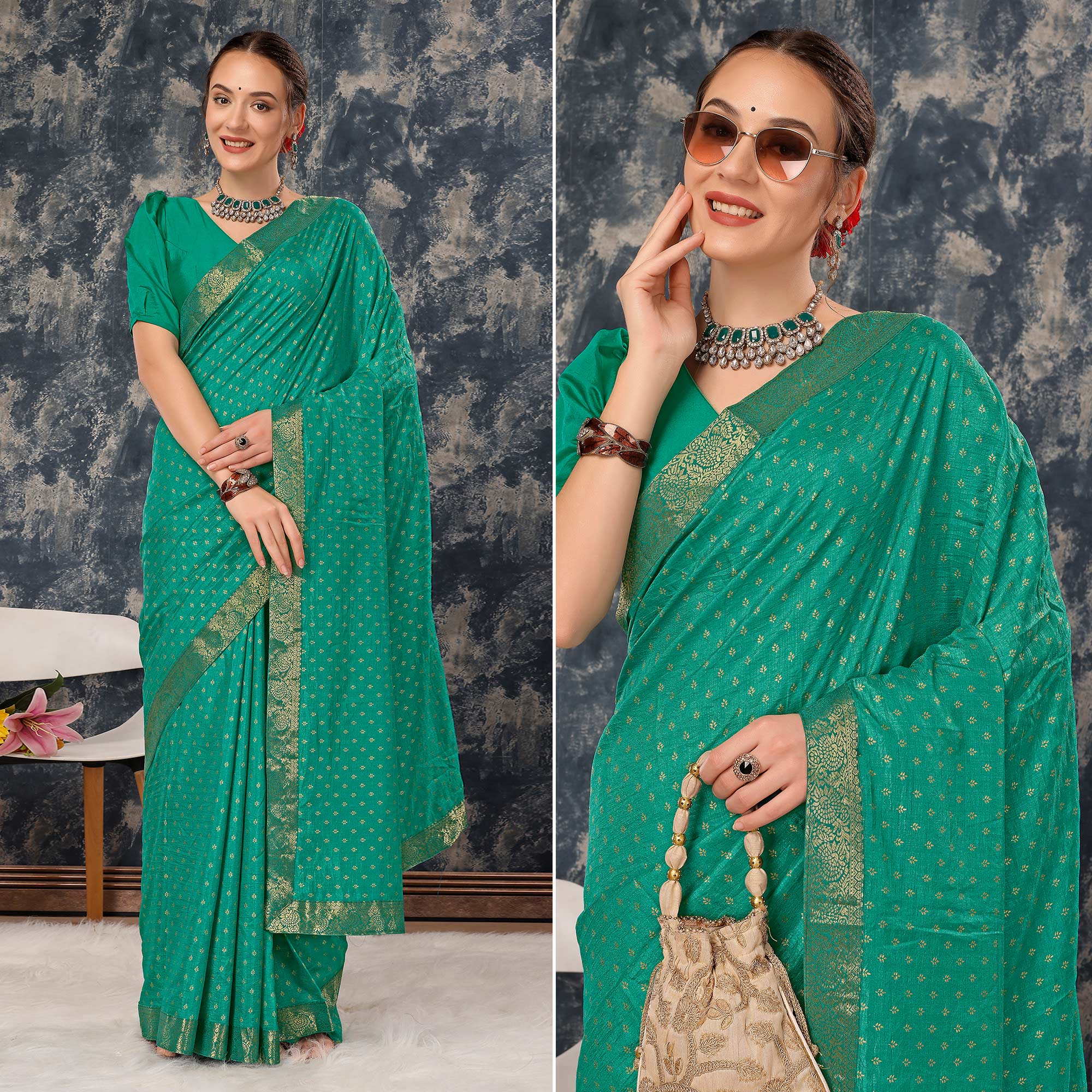 Rama Green Floral Foil Printed Vichitra Silk Saree With Lace Border